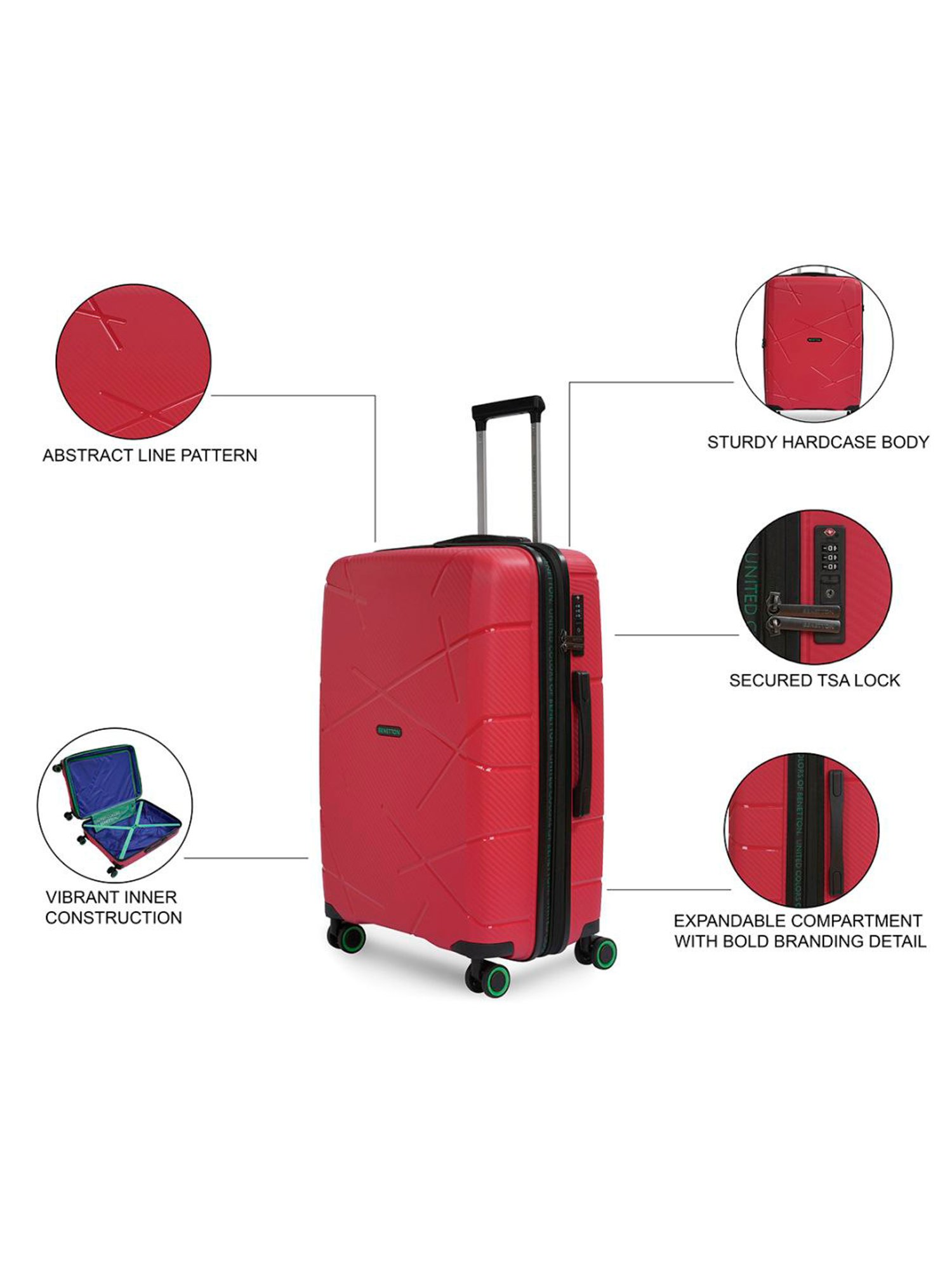 United Colors of Benetton Moonstone Red Textured Hard Medium Trolley Bag - 68 Cm