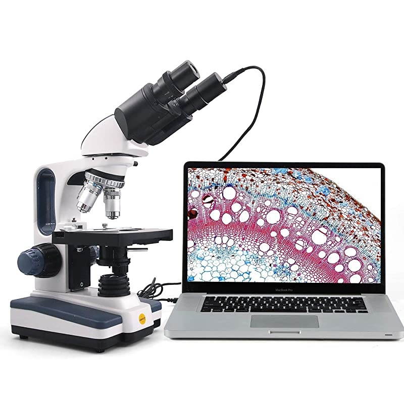 Binocular Compound Microscope SW350B, 40X-2500X Magnification,Siedentopf Head,Research-Grade,Two-Layer Mechanical Stage,1.3mp Camera and Software Windows and Mac Compatible