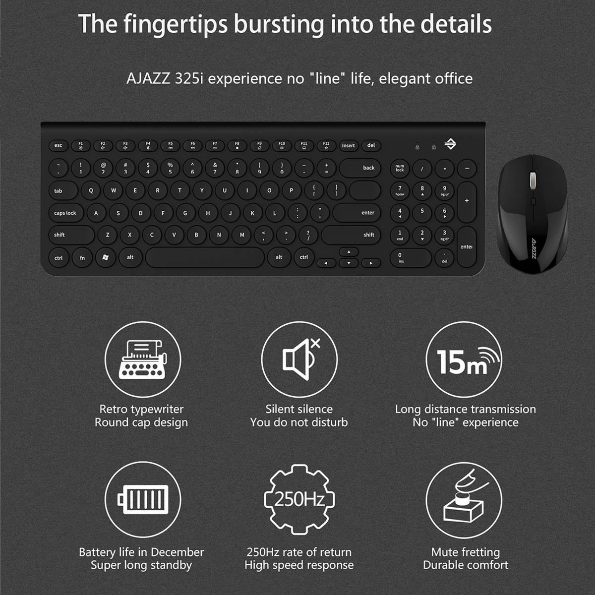 UrChoiceLtd&reg; Keyboard Mouse Combo Ajazz 352i Wireless Retro Punk Design Ultra Slim Silent Mute Usb Multimedia Ergonomic Metal Keyboard Mouse Sets Optical 1600DPI 4 Buttons
