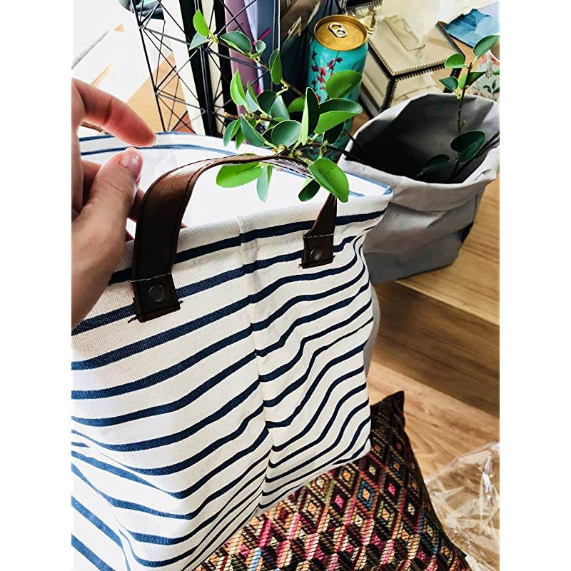 15Inches Large Storage Basket Available 15 and 17 InchesWidth Drawstring Square Cotton Linen Collapsible Toy Basket Navy Blue M