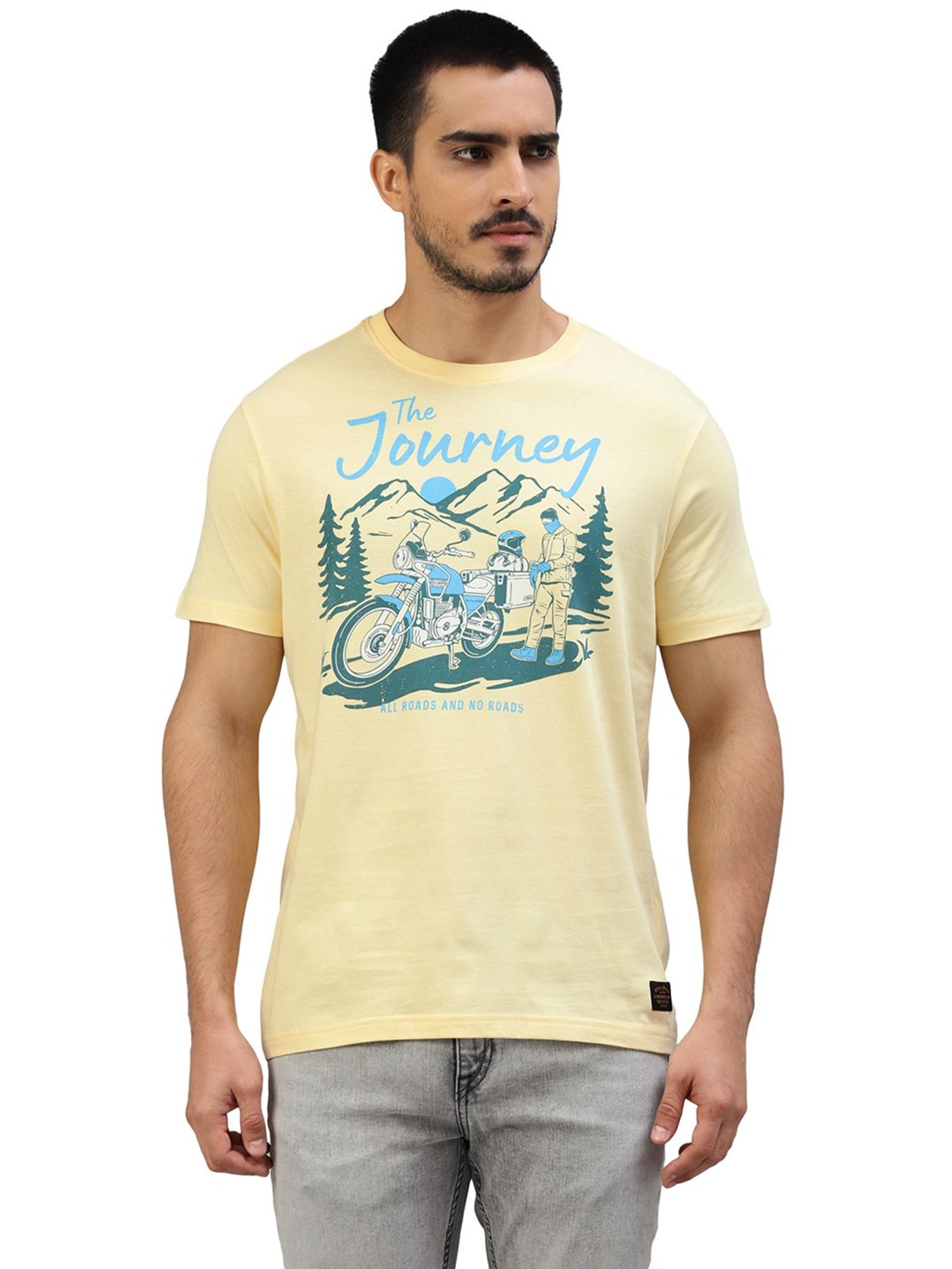 Royal Enfield Mountain Trail Light Yellow Regular Fit Printed Crew T-Shirt