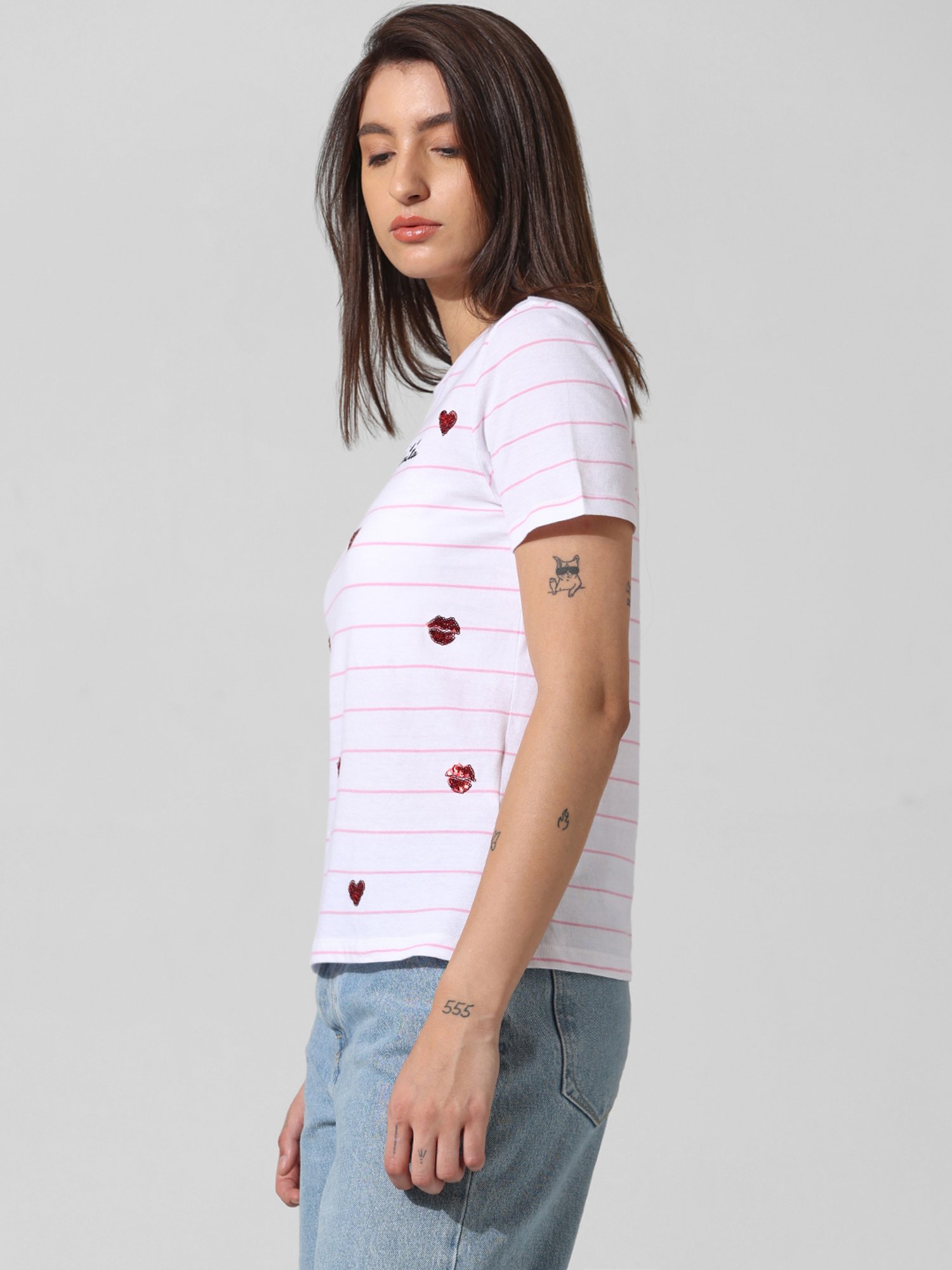 Only White & Pink Cotton Embellished T-Shirt