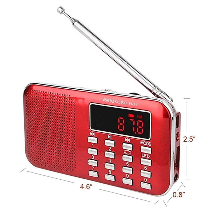 PR11 AM FM Radio Portable, Rechargeable Radio Digital Tuning, MP3 Music Player Speaker Support TF, AUX, USB Port(Red)
