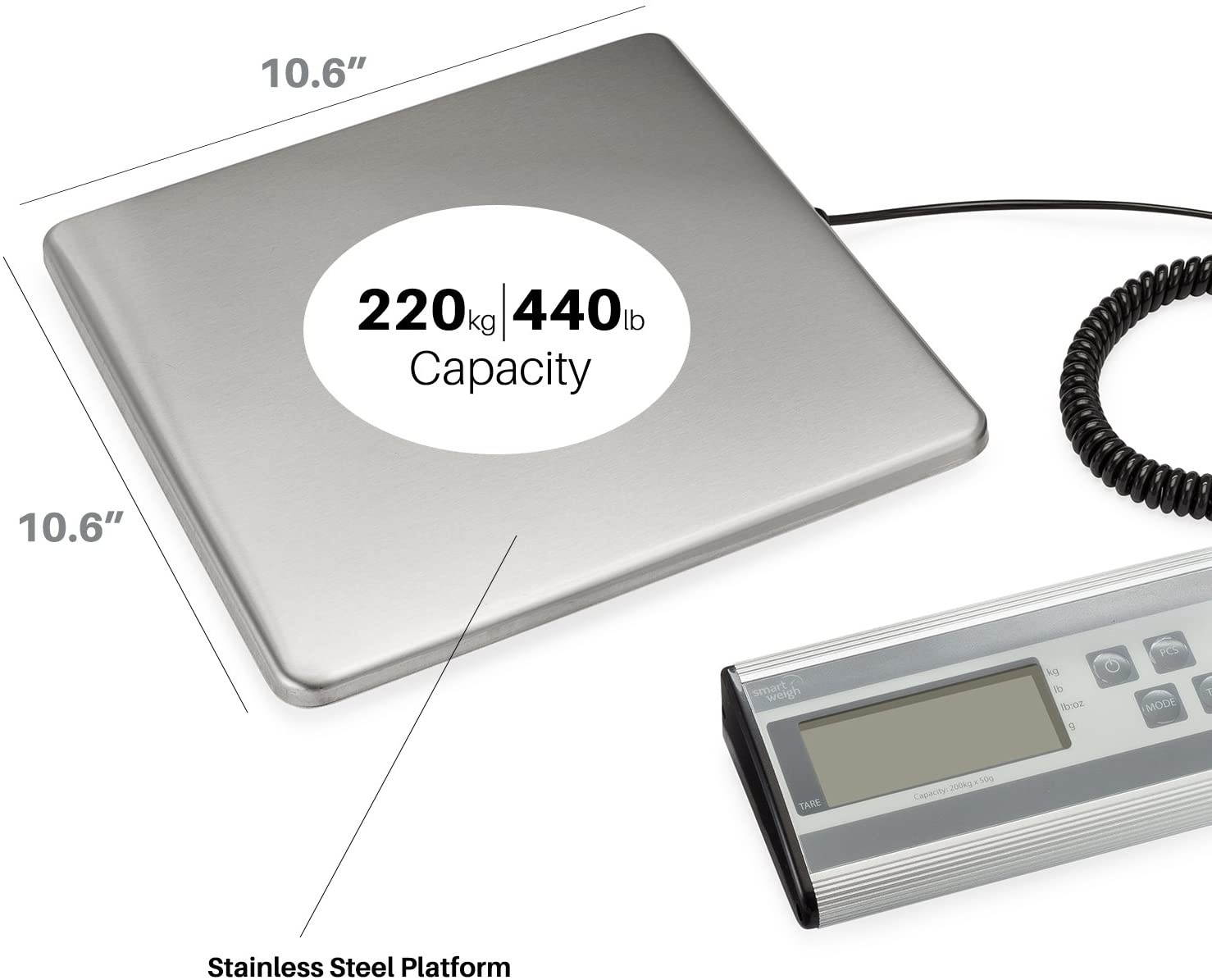 Smart Weigh Digital Heavy Duty Shipping and Postal Scale with Durable Stainless Steel Large Platform, 440 lbs Capacity x 6 oz Readability, UPS USPS Post Office Postal Scale and Luggage Scale
