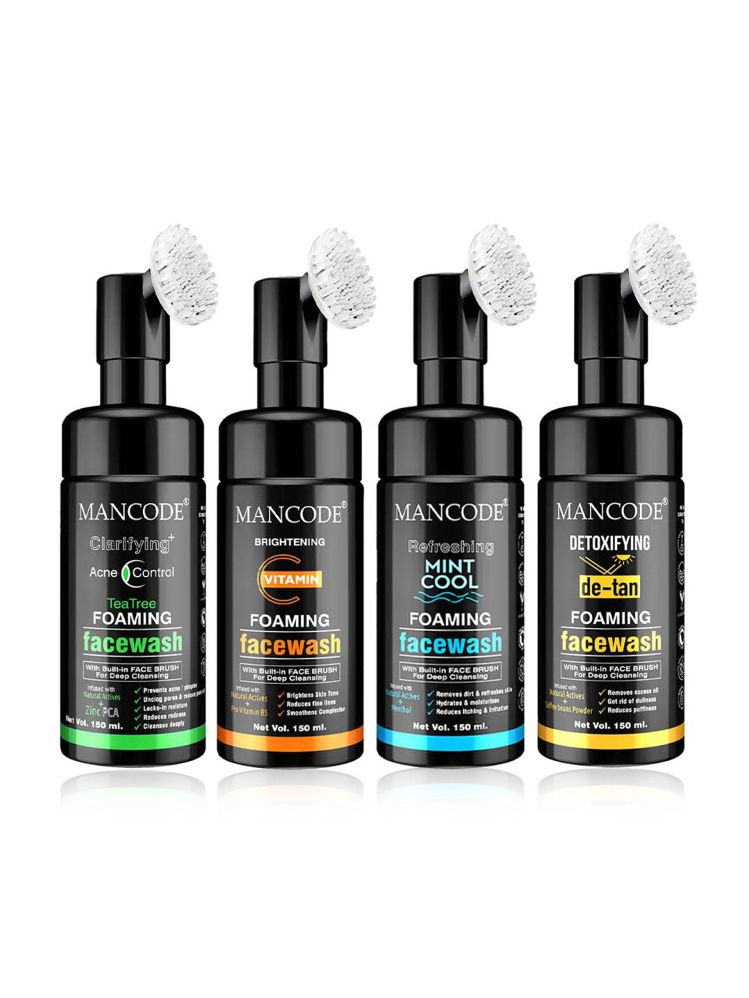 Mancode Acne Control Tea Tree, Vitamin C, Mint Cool & De Tan Foaming Facewash (Pack of 4)