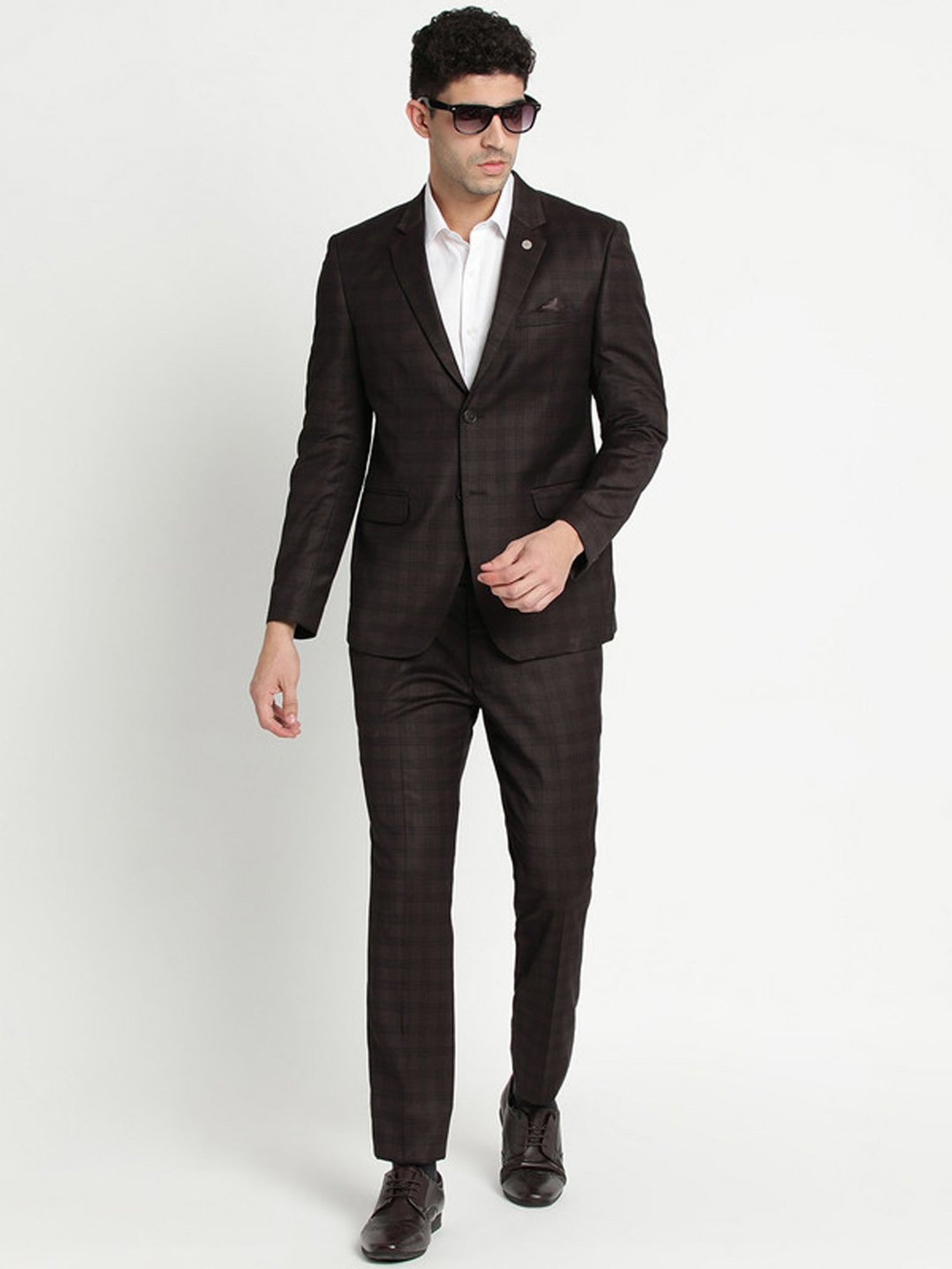 Turtle Brown Slim Fit Checks Two Piece Suit