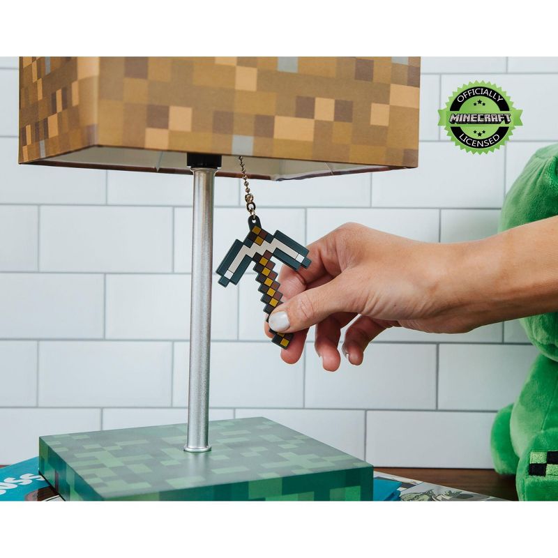 Robe Factory LLC Minecraft Grass Block Desk Lamp With Pickaxe 3D Puller | 14 Inches Tall
