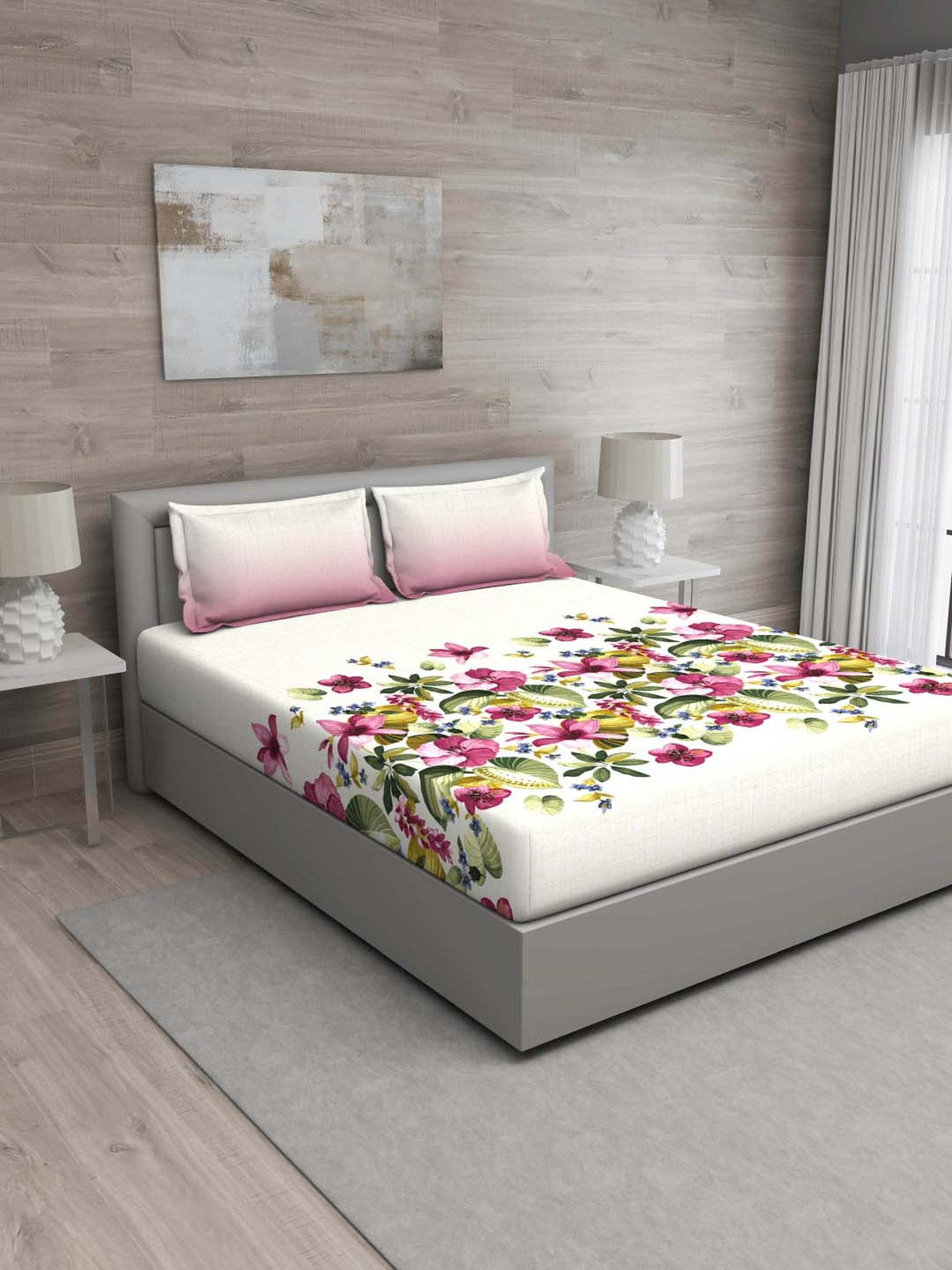 GM Off-White & Pink 100% Cotton 144 TC Queen Bedsheet Set