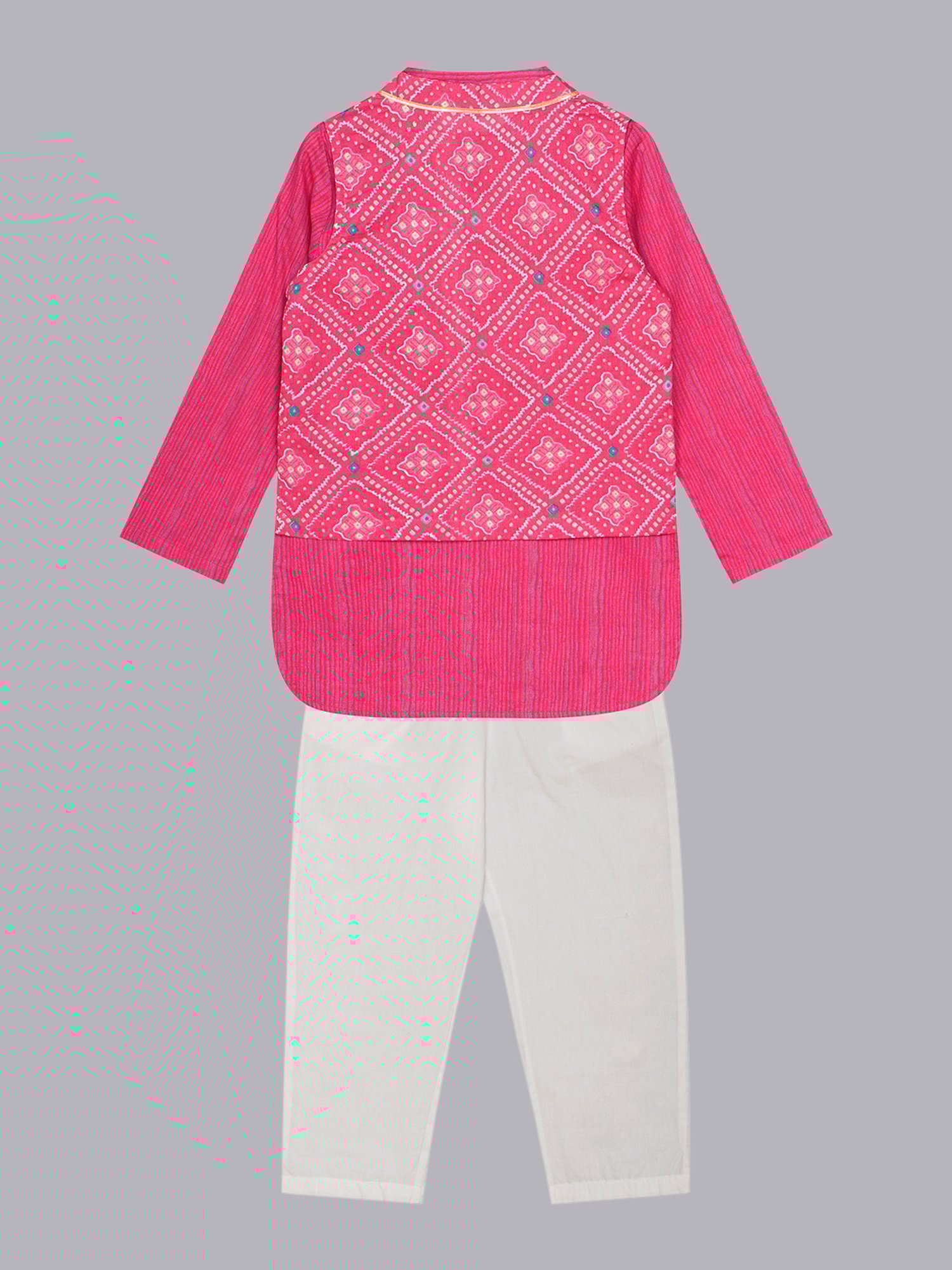 Budding Bees Boys Pink & White Printed Full Sleeves Kurta, Pyjamas & Nehru Jacket