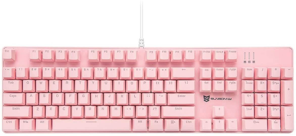 Merdia Mechanical Keyboard Gaming Keyboard with Blue Switch Wired White LED Backlit Keyboard Full Size 104 Keys US Layout(Pink)