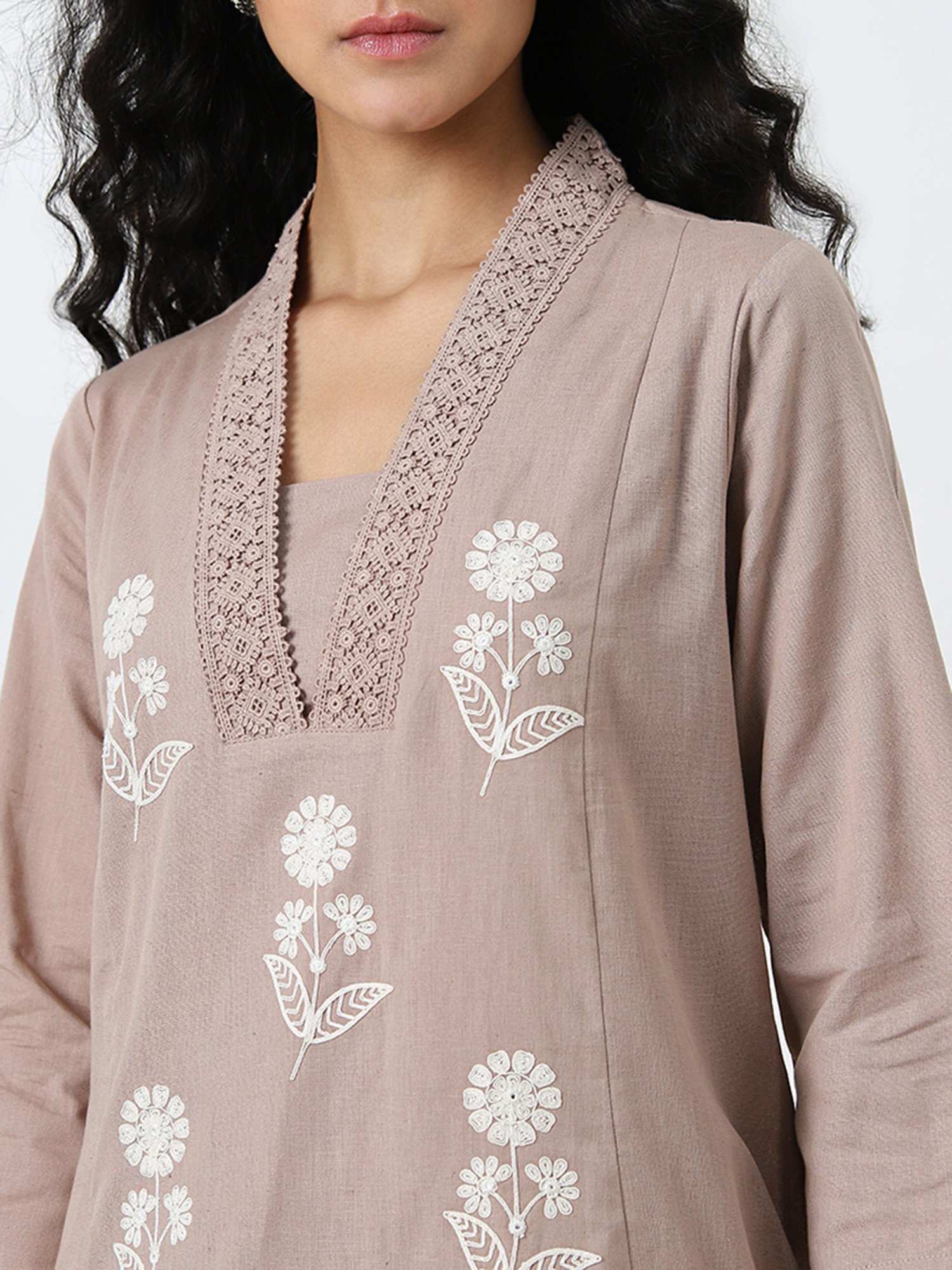 Utsa by Westside Dark Beige Embroidered A-Line Cotton Blend Kurta