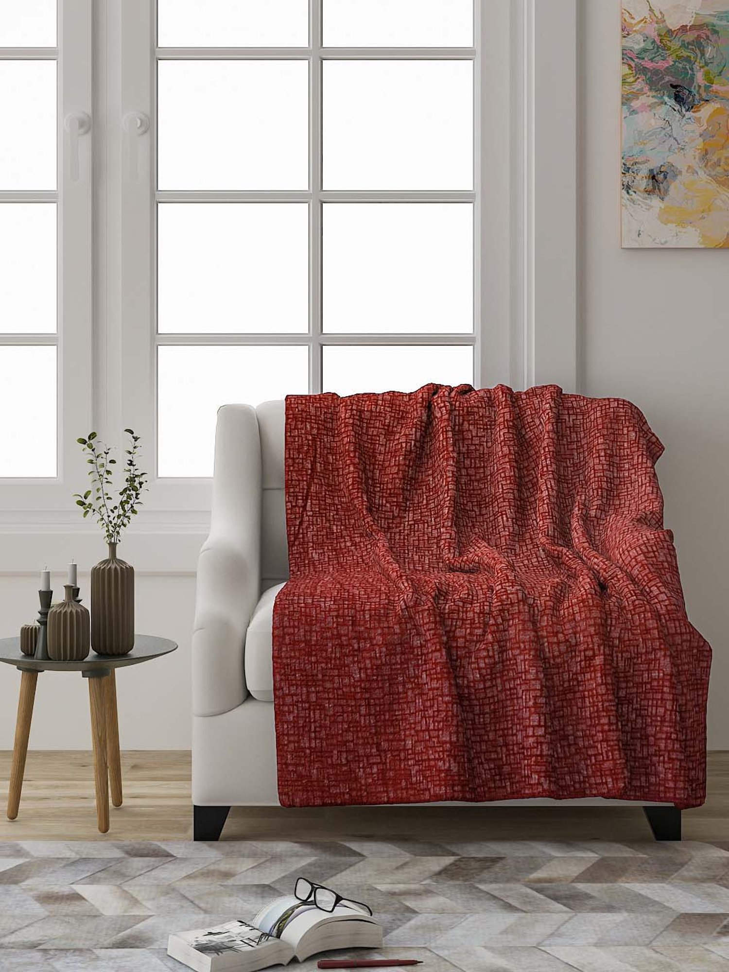 Nestasia Red & Cream Chevron Cotton Knitted Throw blanket with texture for Living Room or Bedroom