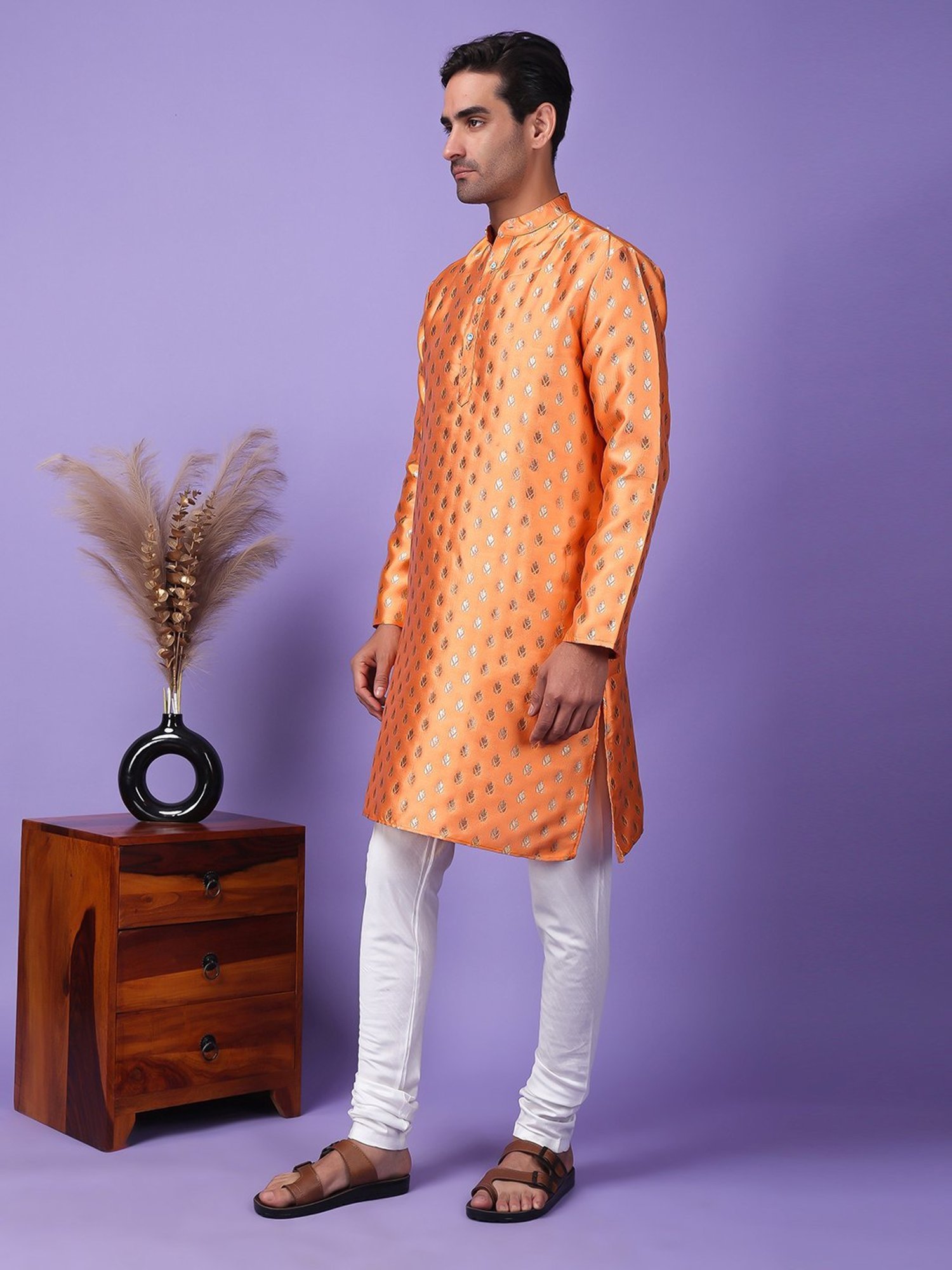 Hangup Orange & White Regular Fit Embellished Kurta Bottom Set