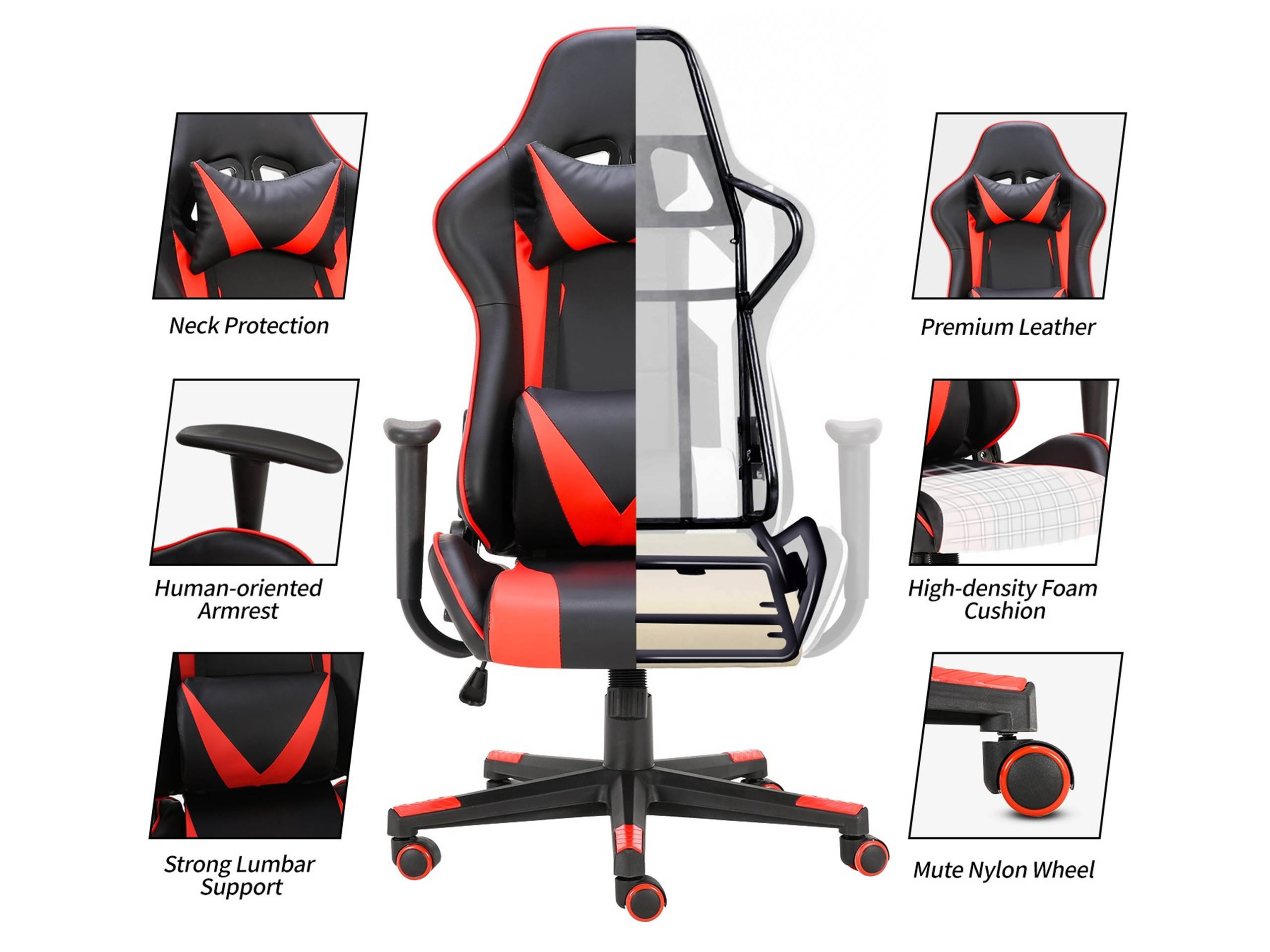Home Office Racing Gaming Chair High Back Ergonomic Recliner Computer Chair, Height Adjustable Massage Gaming Chair With Neck Protection And Lumbar Support