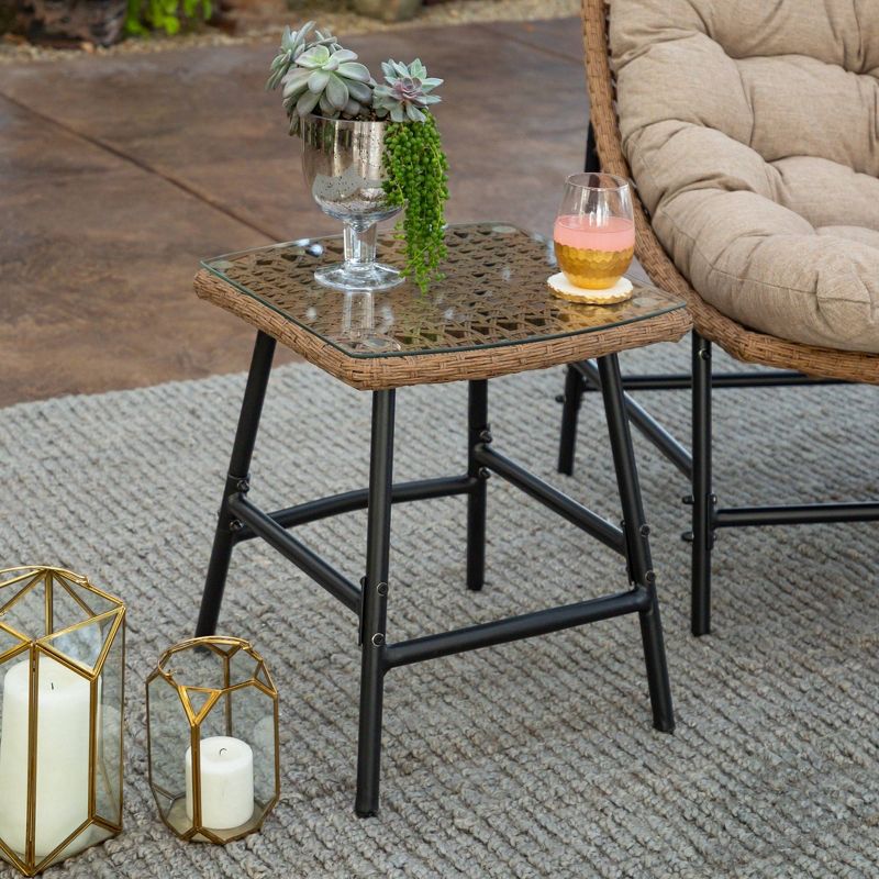 Rattan Scoop Transitional Outdoor Clear Glass Side Table - Tan - Saracina Home