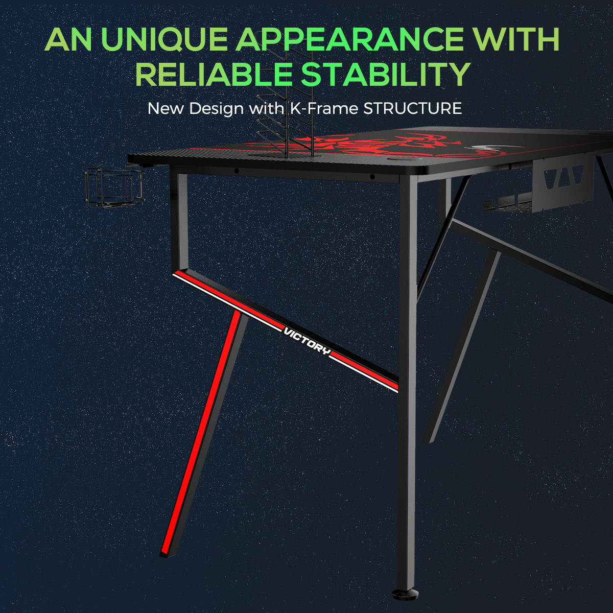 Eureka Gaming&reg; Captain K Series 47'' E-sport Desk, Home Office Gaming Computer Desk, K Shaped Gamer Workstation with Free Controller Stand, Cup Holder, Headphone Hook & Mousepad, Black