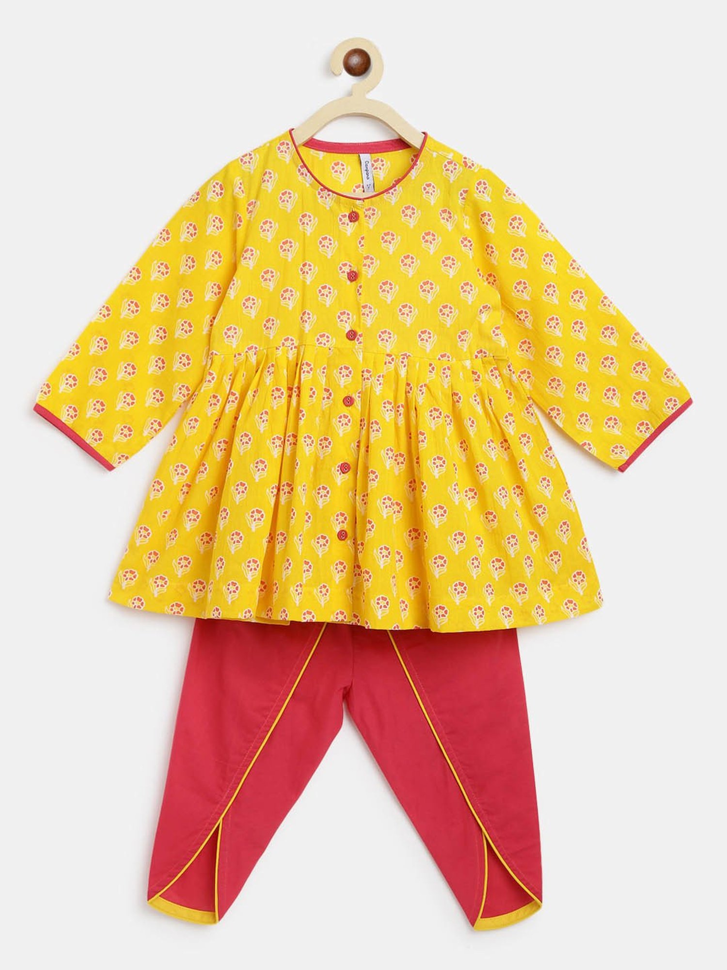 Campana Kids Yellow & Magenta Small Flower Motif Print Kurti with Dhoti