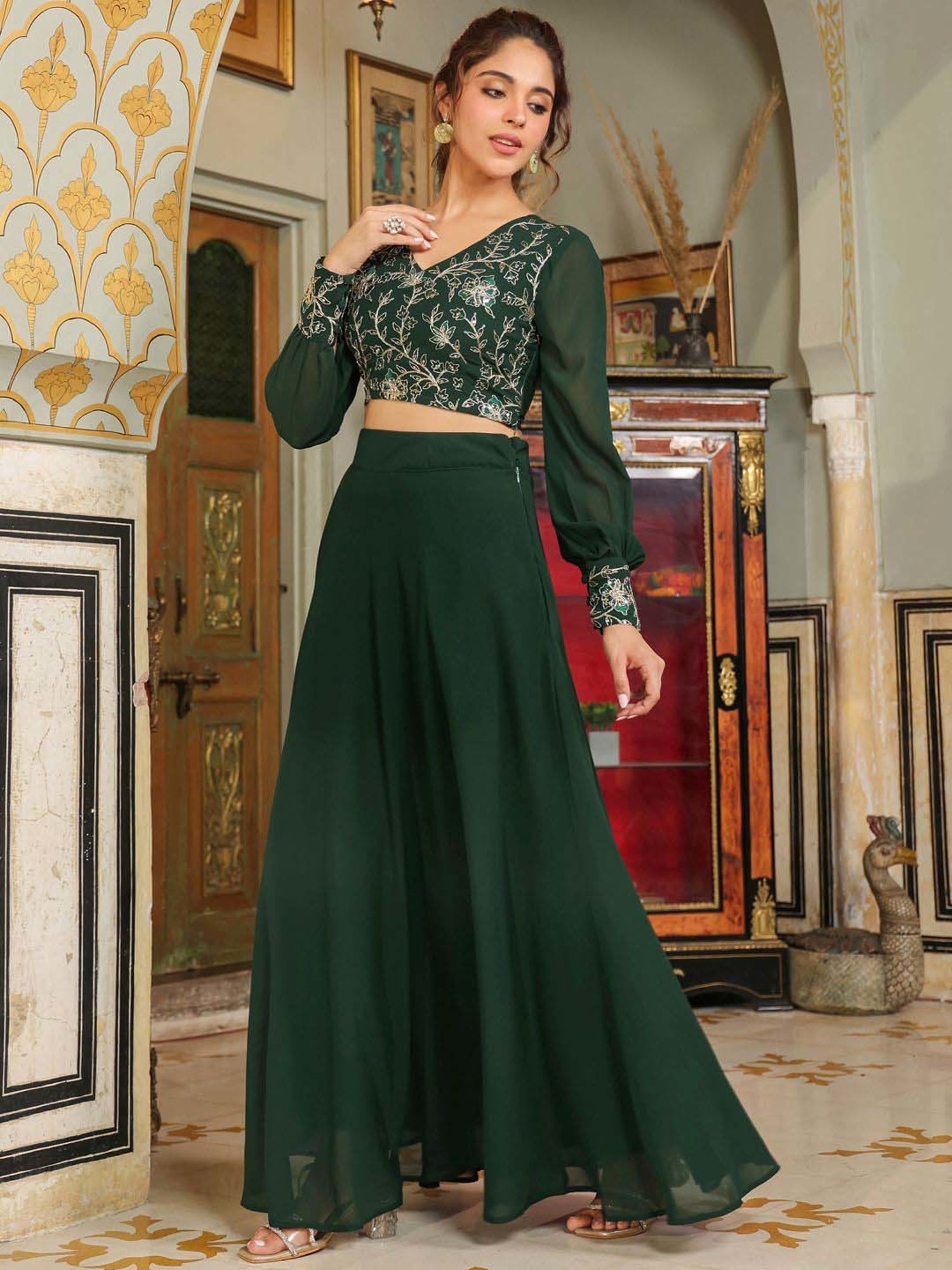 Janasya Green Embroidered Crop Top Skirt Set