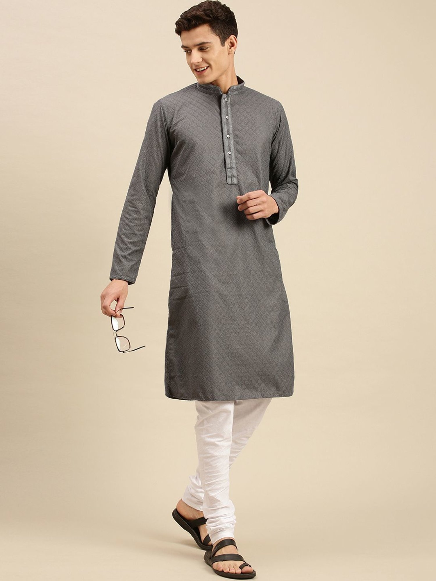 Sanwara Grey Cotton Regular Fit Embroidered Kurta Sets