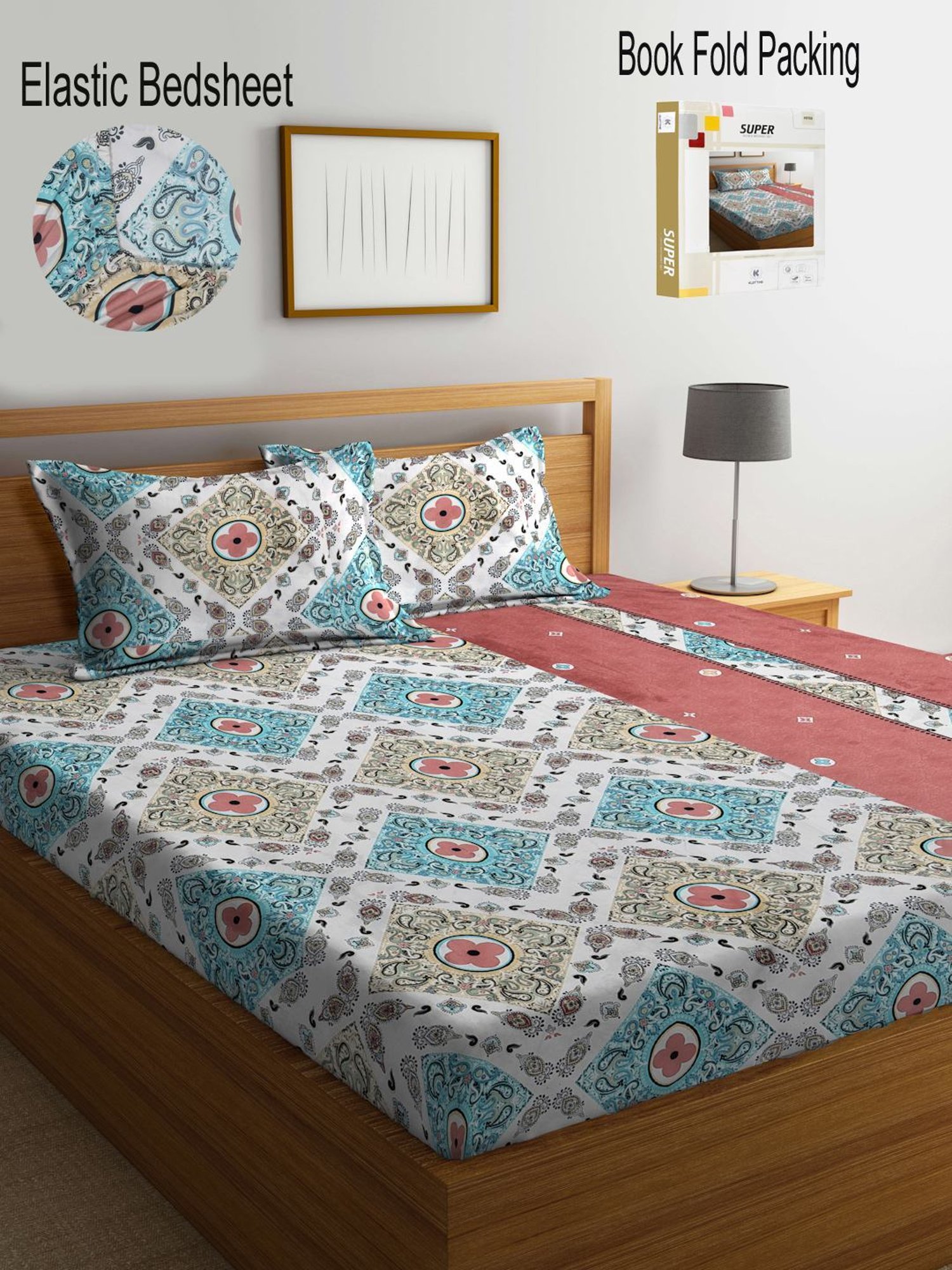 Klotthe Printed Multicolor 300 TC Cotton Blend King Bed Sheet with 2 Pillow Covers