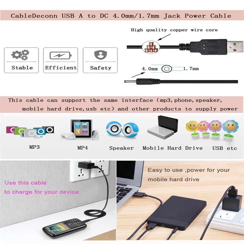 CABLEDECONN USB to DC4.0 mm/1.7mm 5 Volt Dc Barrel Jack Power Cable 2PCS