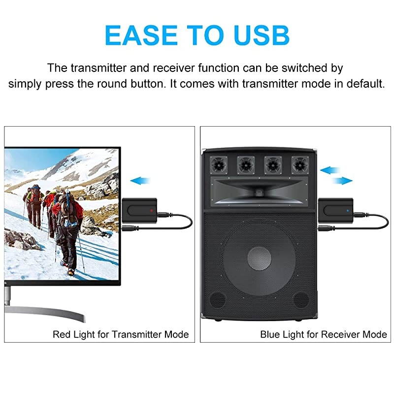V5.0 Transmitter Receiver, 2 in 1 Transmitter Receiver Portable Wireless Adapter with 3.5mm Audio Cable for TV/Headphone/PC/Car/Home Stereo [Power by USB, Low Latency]