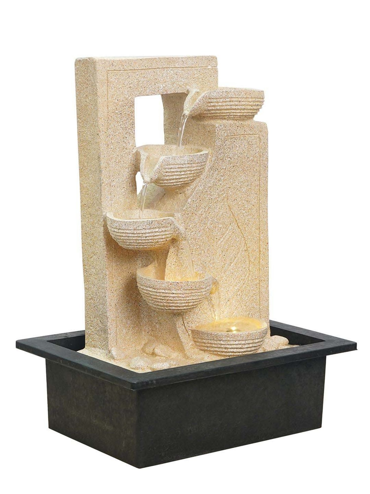 CHRONIKLE Cream Polyresin Leaf Print 4 Diya Steps Waterfall Fountain