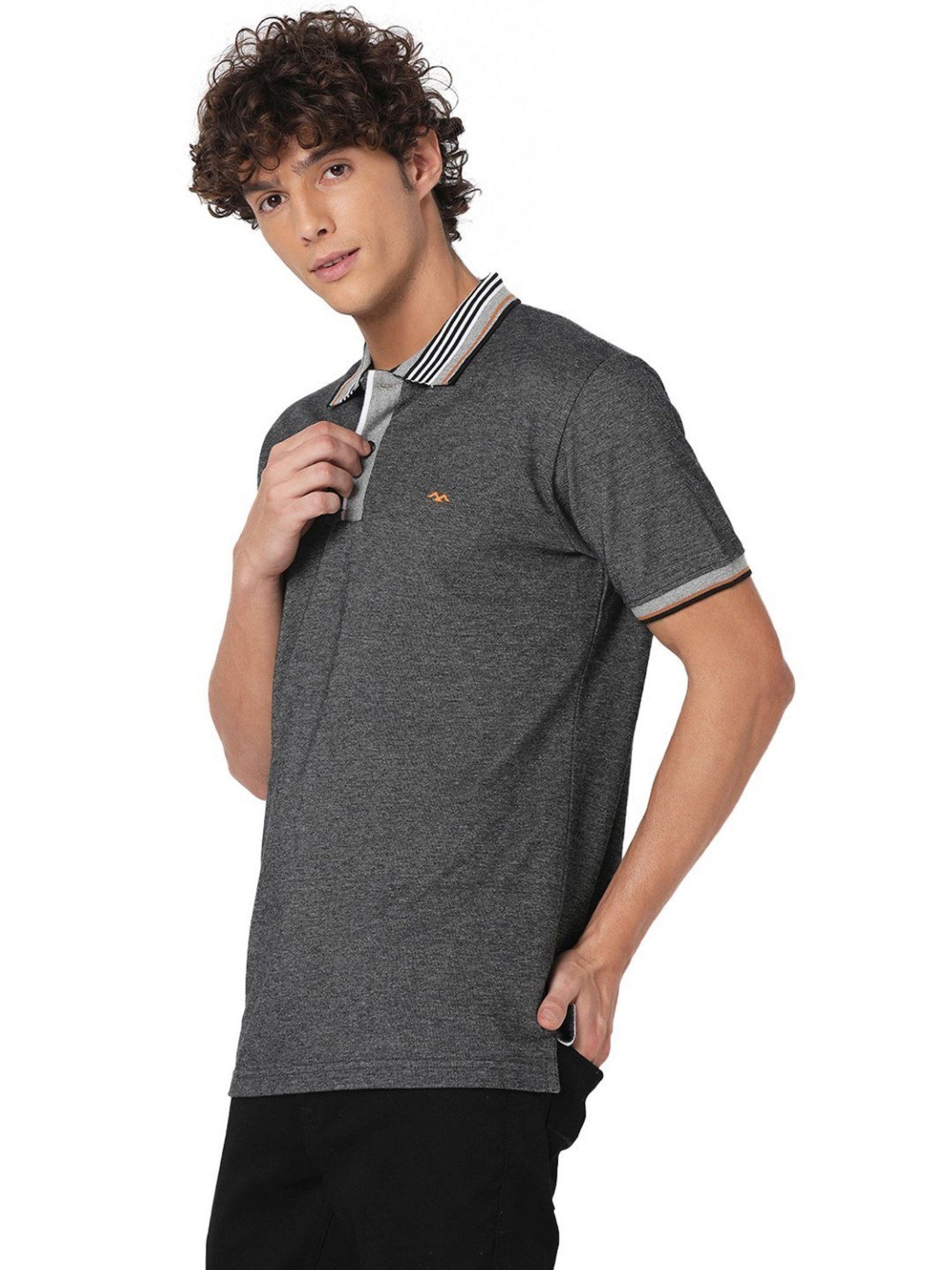 Mufti Grey Cotton Slim Fit Polo T-Shirt