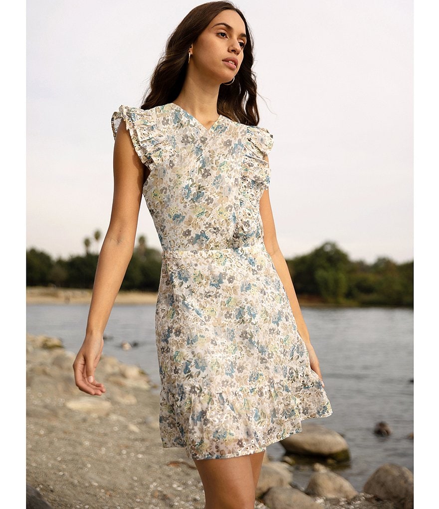 Adelyn Rae Floral Crisscross V-Neck Ruffle Cap Sleeve Mini Dress