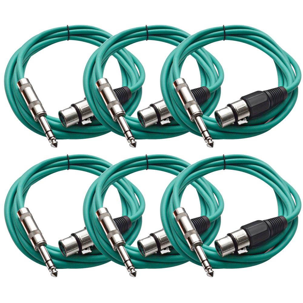 Seismic Audio - 6 Pack of Green 10 foot XLR Female to TRS Male Patch Cables - Snake Microphone Cord