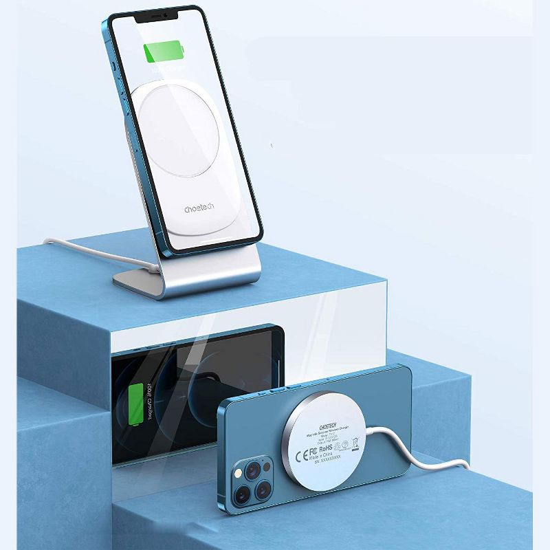 Choetech Magnetic Wireless Charger for iPhone 12 Pro Max/Mini & Airpods Fast Magsaf-e Wireless Charging StationCharging Stand Holder with 5ft USB-C Cable Mag Charger Included - H047 - Silver