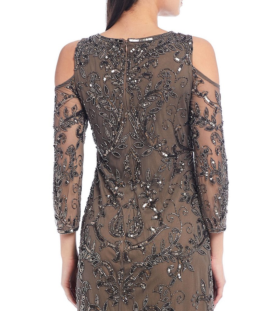 Pisarro Nights Beaded Sequin Cold Shoulder 3/4 Sleeve A-line Gown