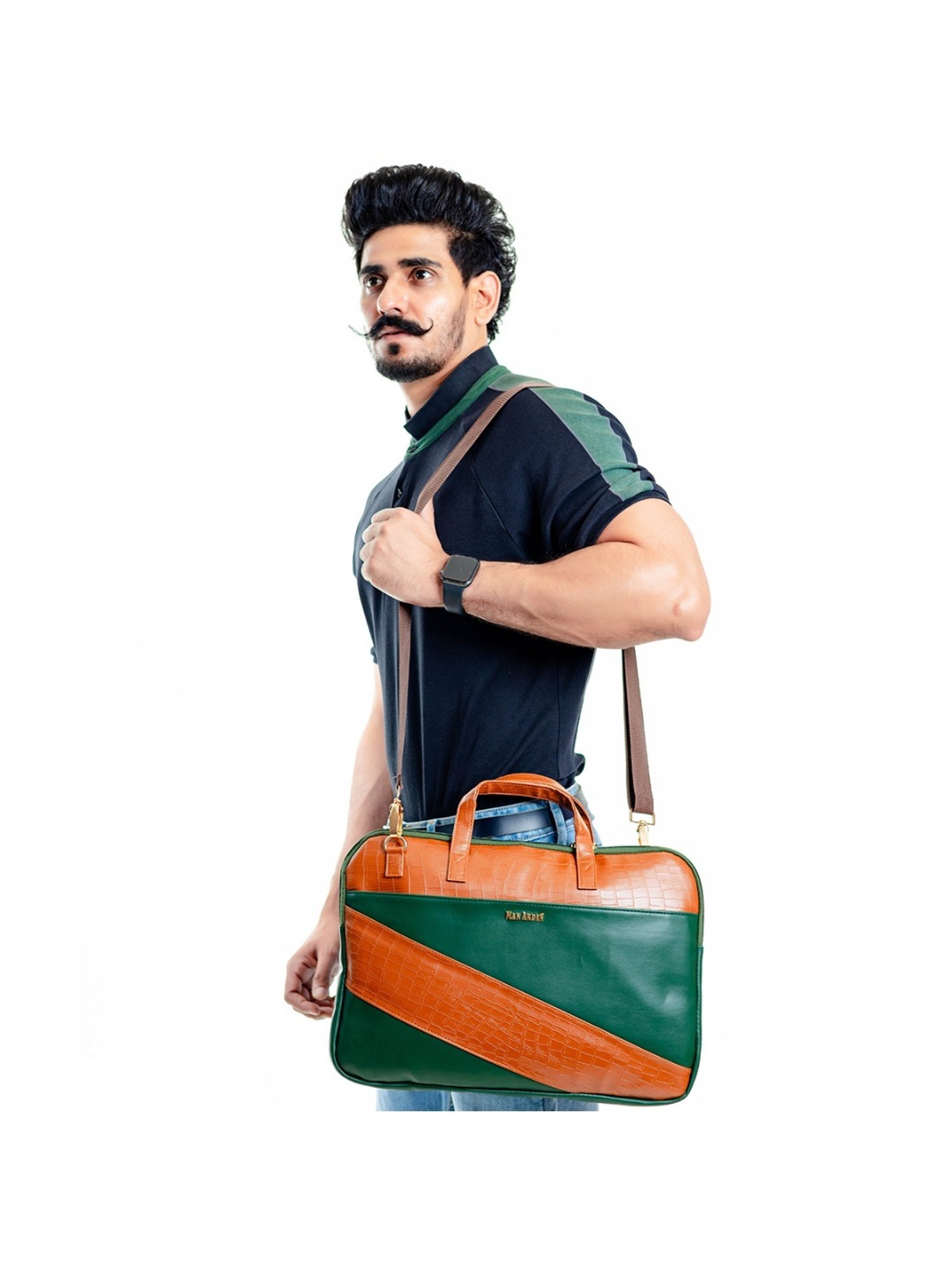 Man Arden Green & Tan Animal Effect 14 inch Medium Leather Laptop Bag