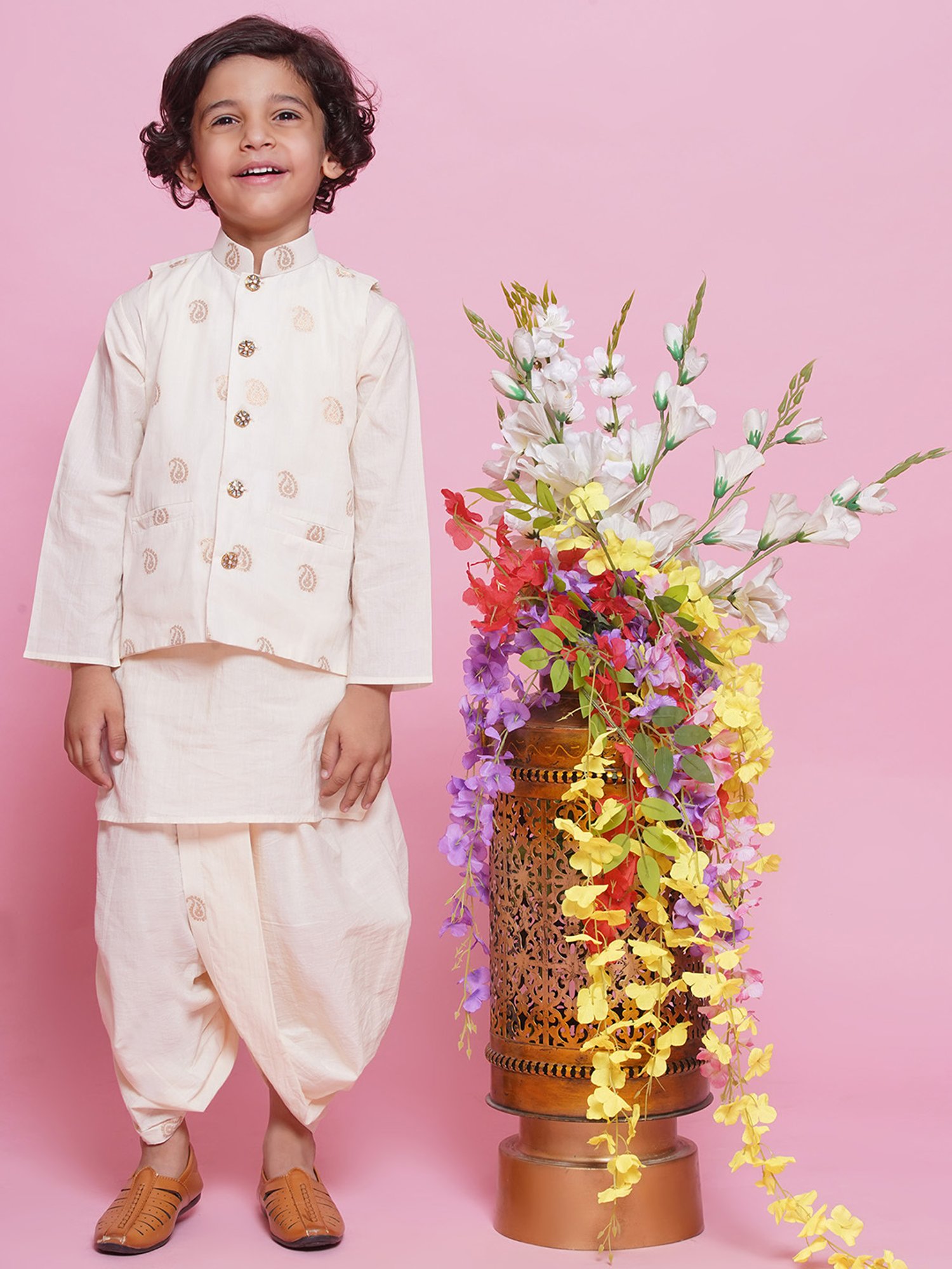 Little Bansi Boys Cream Self Design Full Sleeves Kurta, Dhoti with Jacket