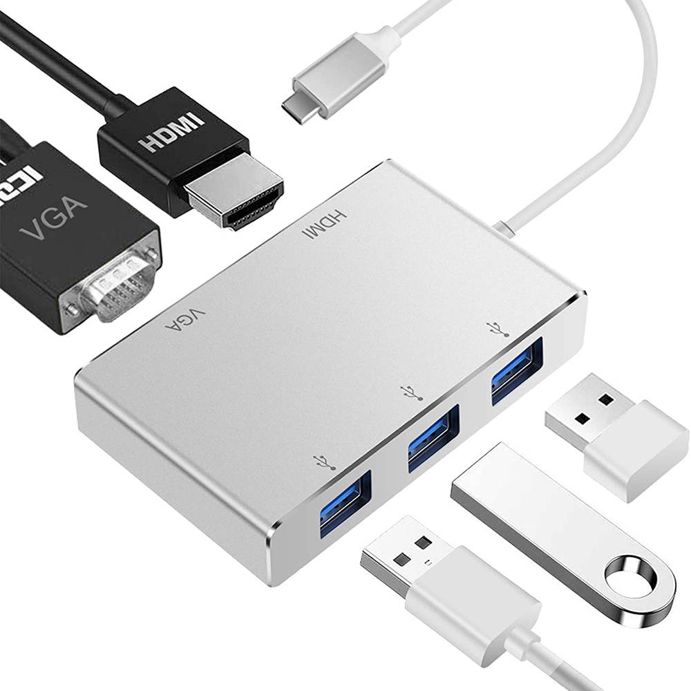 USB C hub HDMI VGA USB 3.0 Adapter, 5 in 1 USB 3.1 Type C to HDMI 4K,1080P VGA, 3xUSB 3.0 Multiport Video Converter Compatible with Mac MacBook Air/Pro Surface Book Chromebook Pixel Dell XPS