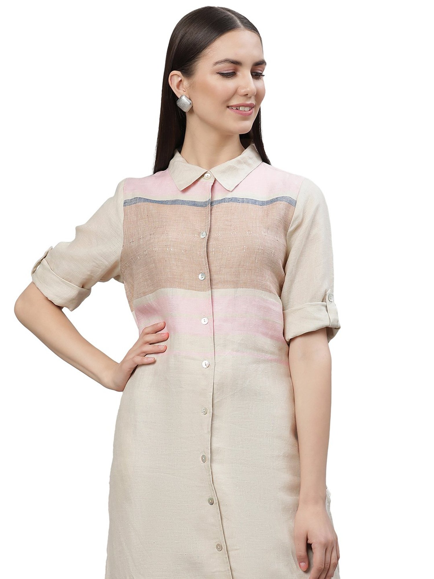 Linen Club Woman Beige Linen A Line Kurta