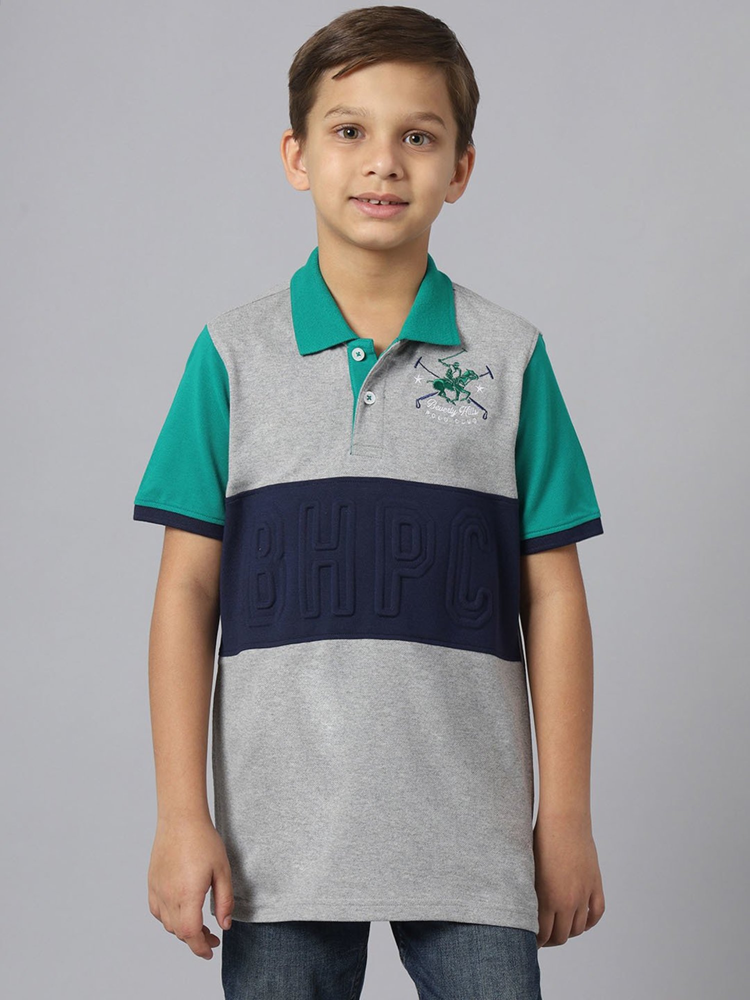 Beverly Hills Polo Club Kids Grey & Navy Printed Polo T-Shirt