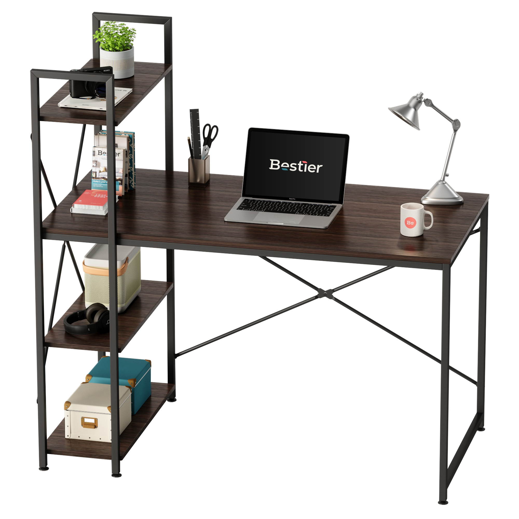 Bestier 63 Inch Computer Desk with Storage Shelves, Modern Bookshelf Desk with Headphone Hook Large Workstation Writing Desk with Reversible Bookshelves Home Office Work Table Study Desk Grey