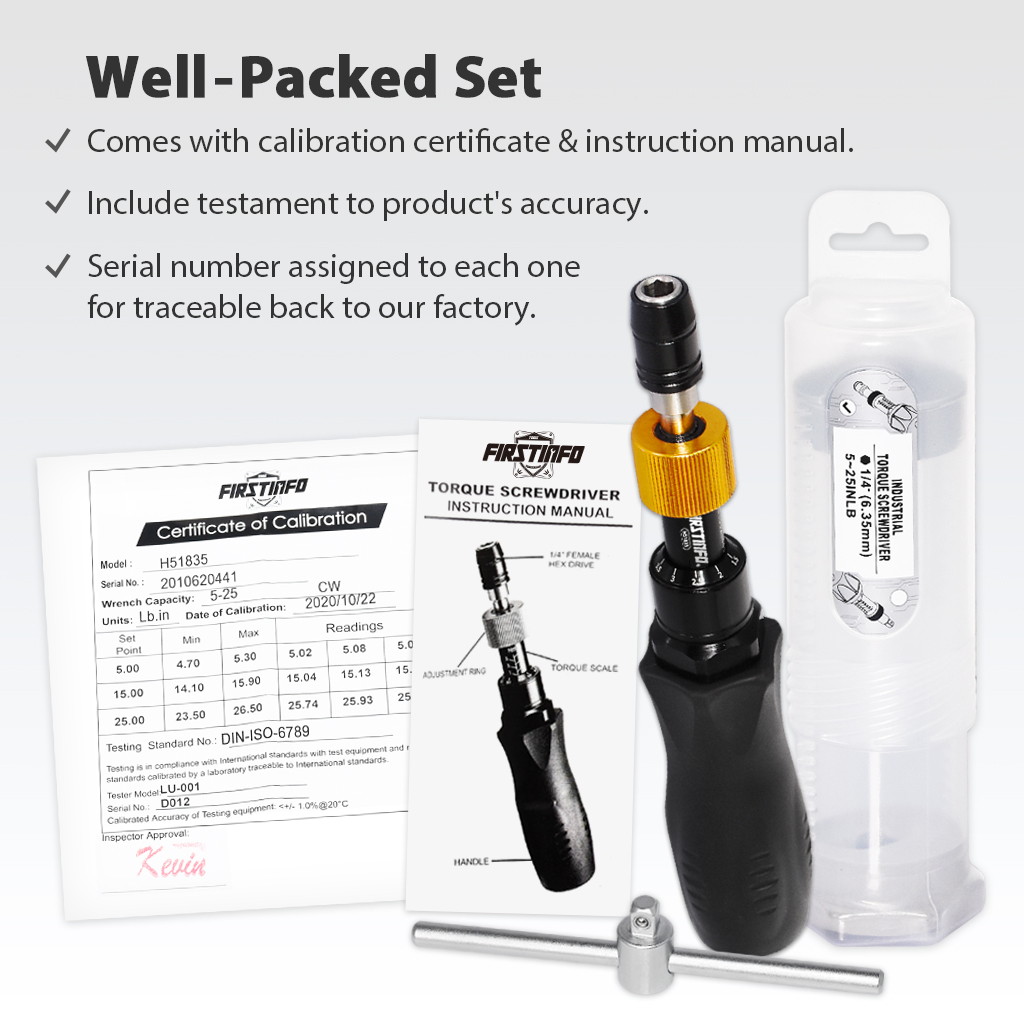 FIRSTINFO Precision Certified Torque Limiting Screwdriver, 1/4 Inch Universal Hex Bit Holder, 5-25 in-lbs with Extra T-Handle