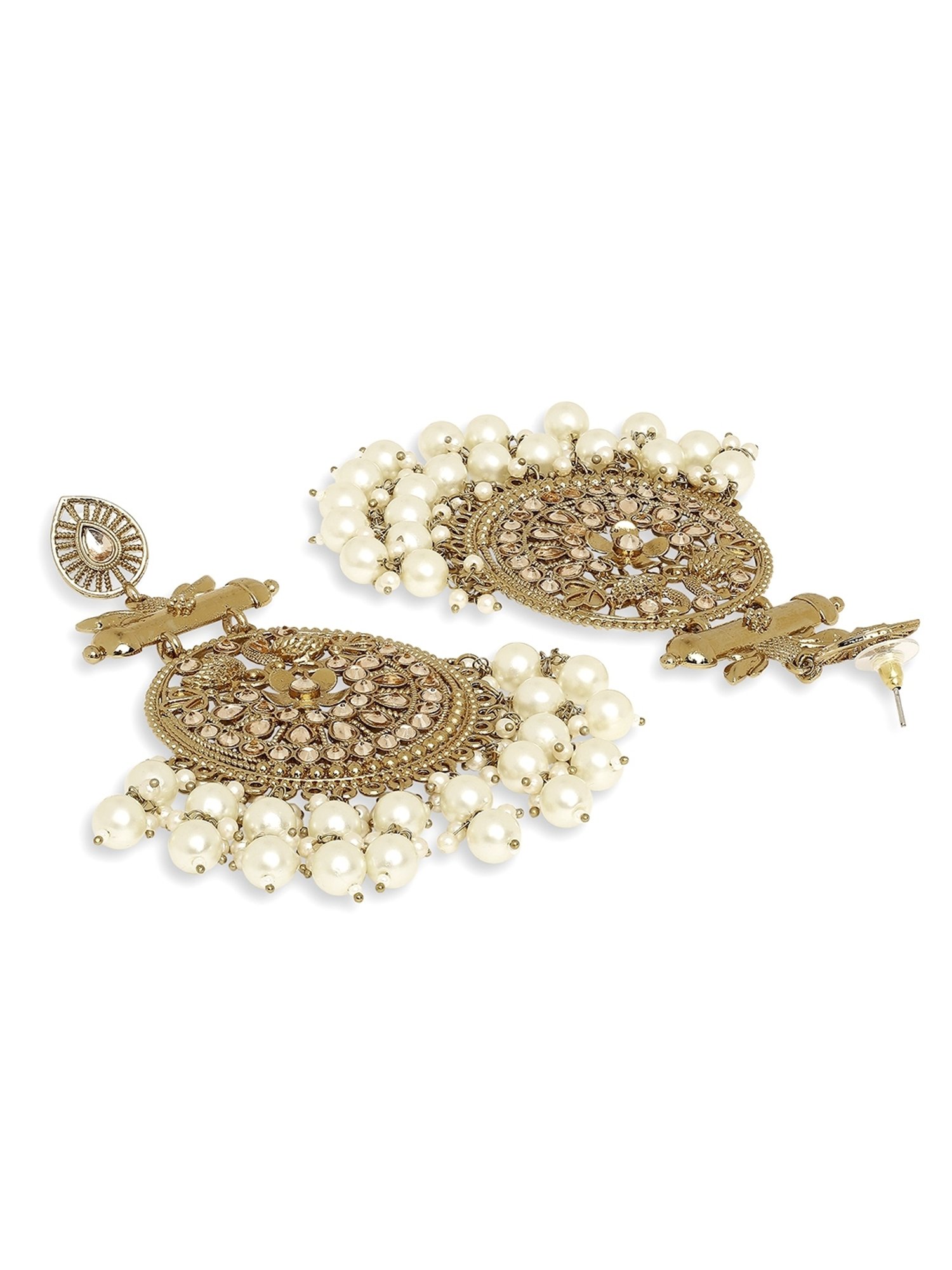 Oomph Gold Tone Kundan & Pearls Peacock Design Ethnic Large Chand Bali Earrings