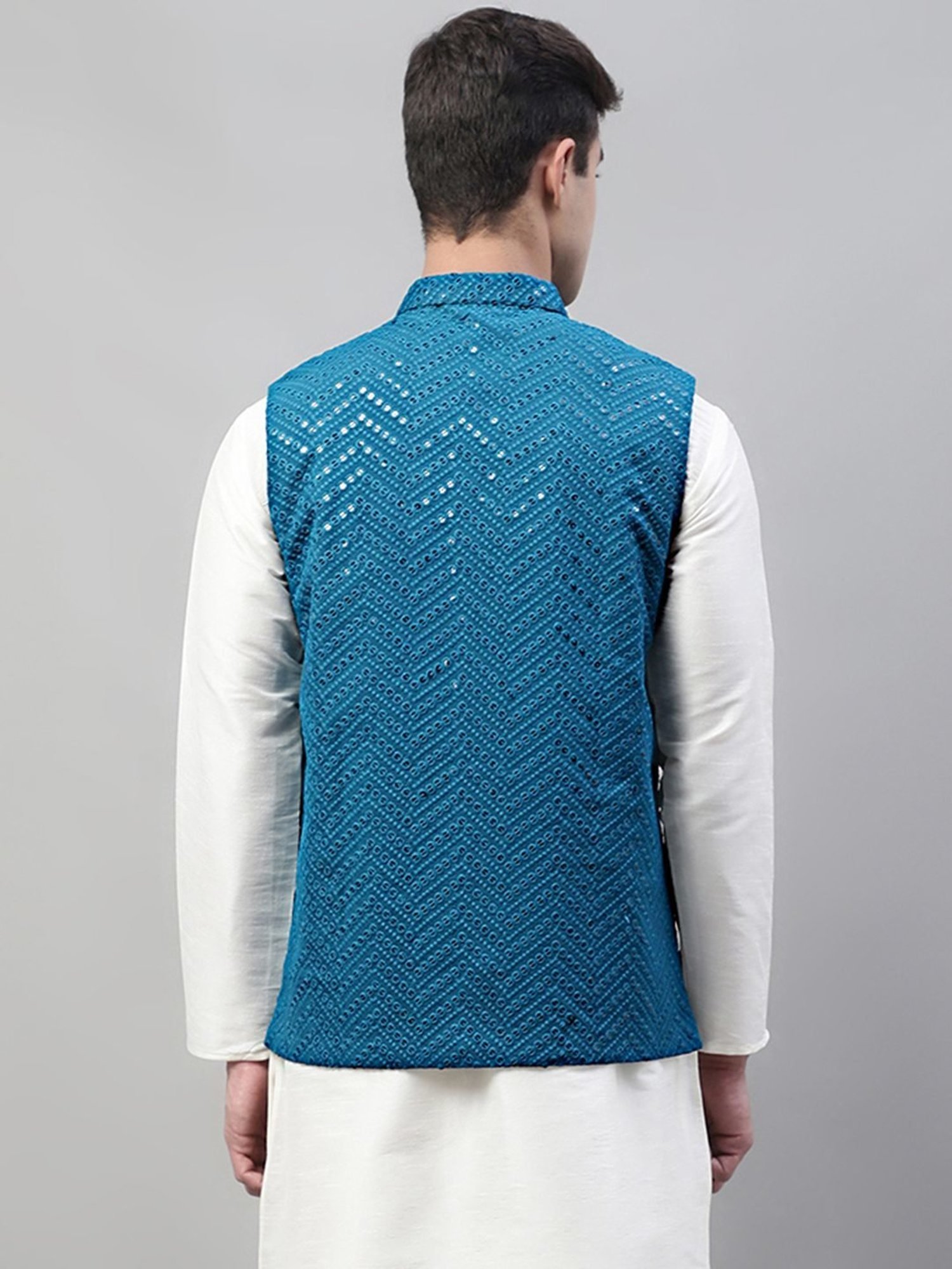 Jompers Peacock Blue Regular Fit Embroidered Nehru Jacket