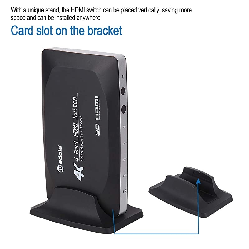 4 Port HDMI Switch,  4x1 HDMI Switch Hub Port 4 in 1 Out Vertical HDMI Switcher with PIP and IR Wireless Remote Control Supports 4K x 2K, 1080P, 3D, Compatible with Xbox/PS4/Apple/Fire TV