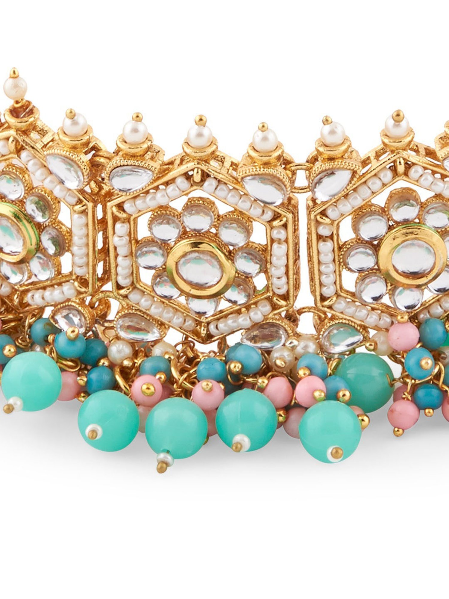 OOMPH Mint Green & Pink Stone & Kundan Ethinc Choker Necklace Set with Jhumka Earrings