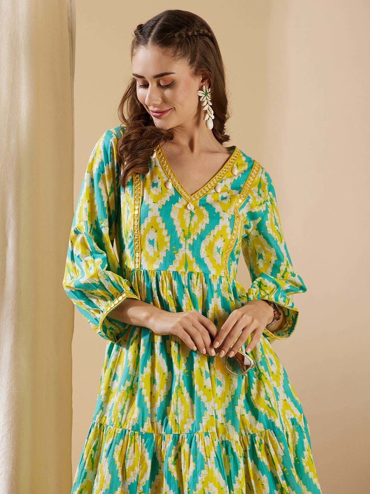 Fashor Blue & Yellow Cotton Printed A-Line Dress