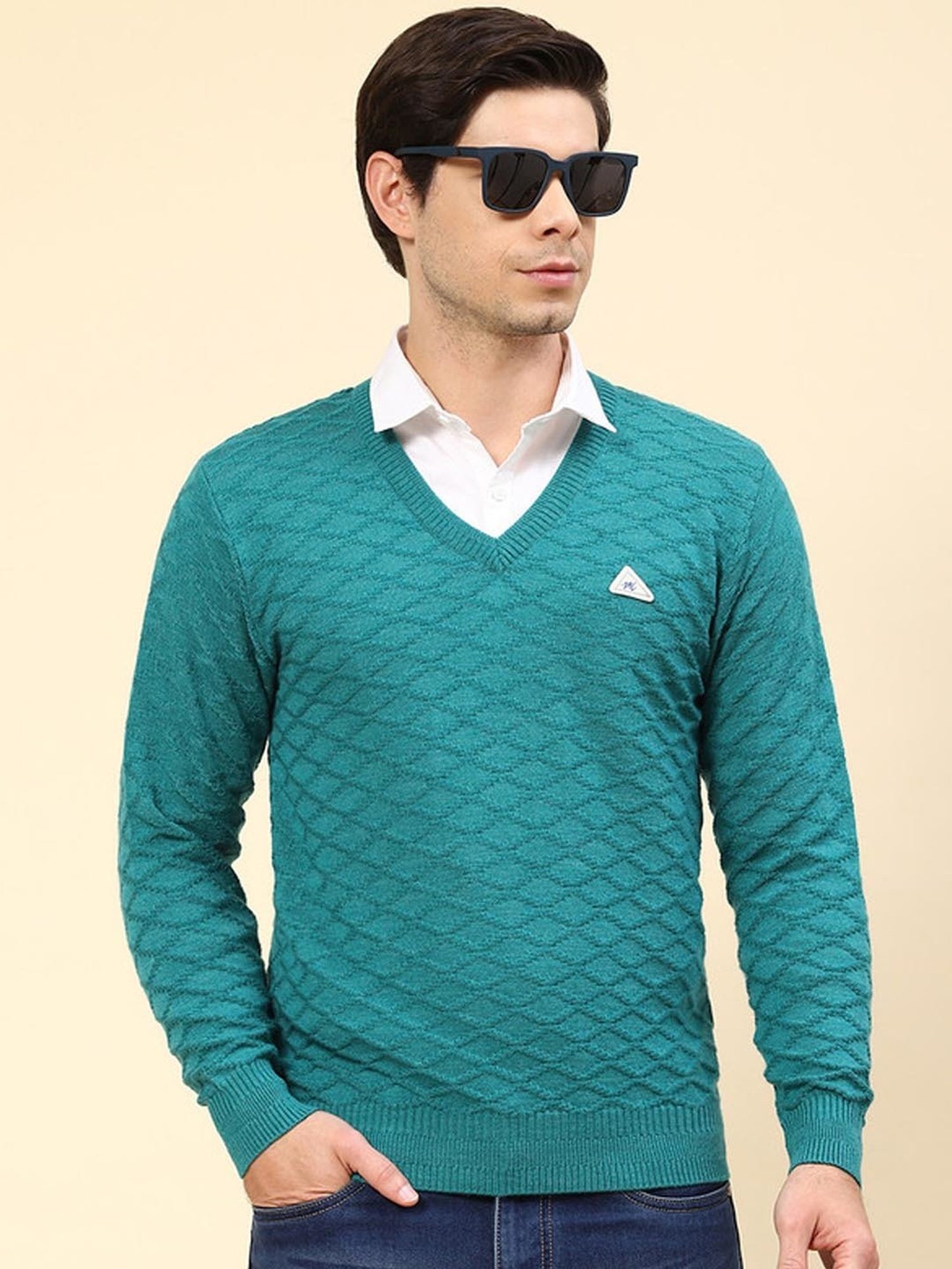 Monte Carlo Sea Green Regular Fit Self Pattern Pullover