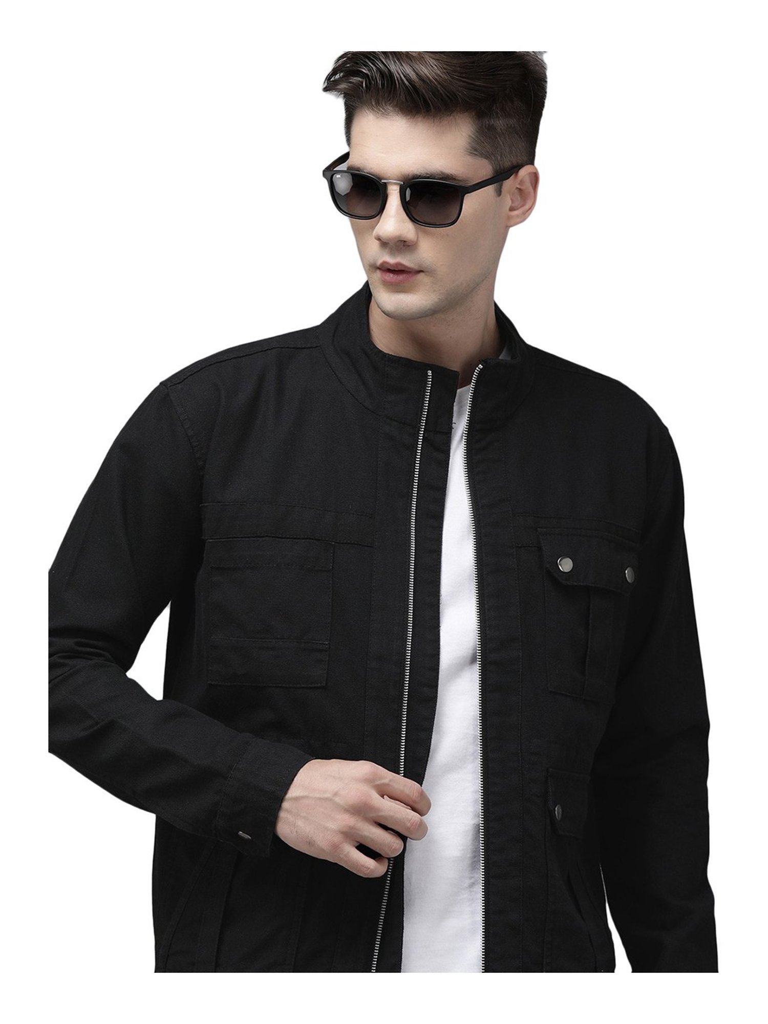 VOXATI Black Full Sleeves Mock Collar Denim Jacket