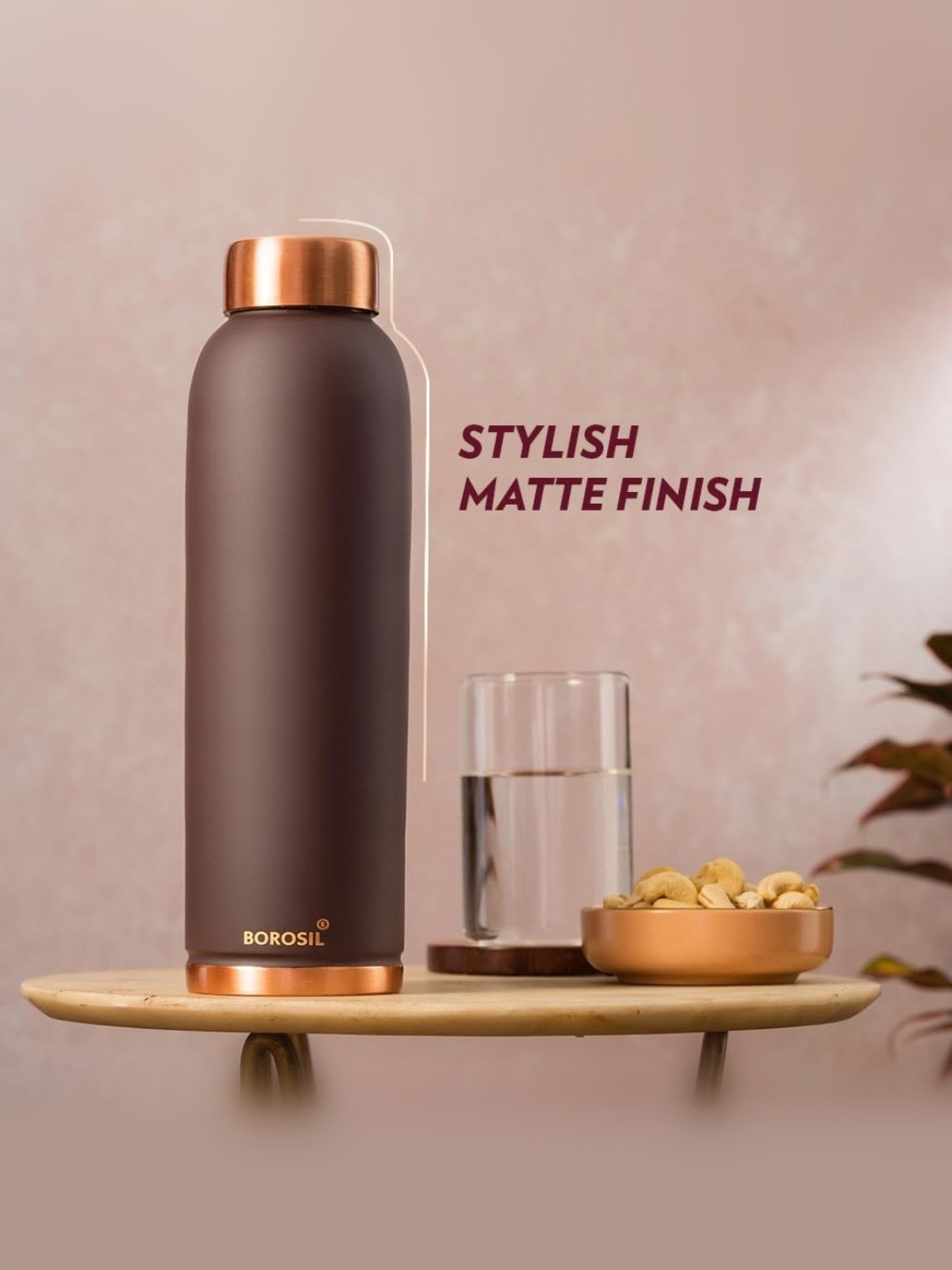 Borosil Water Bottle with 100 percent Copper & Leakproof (Brown, 1000 ml)