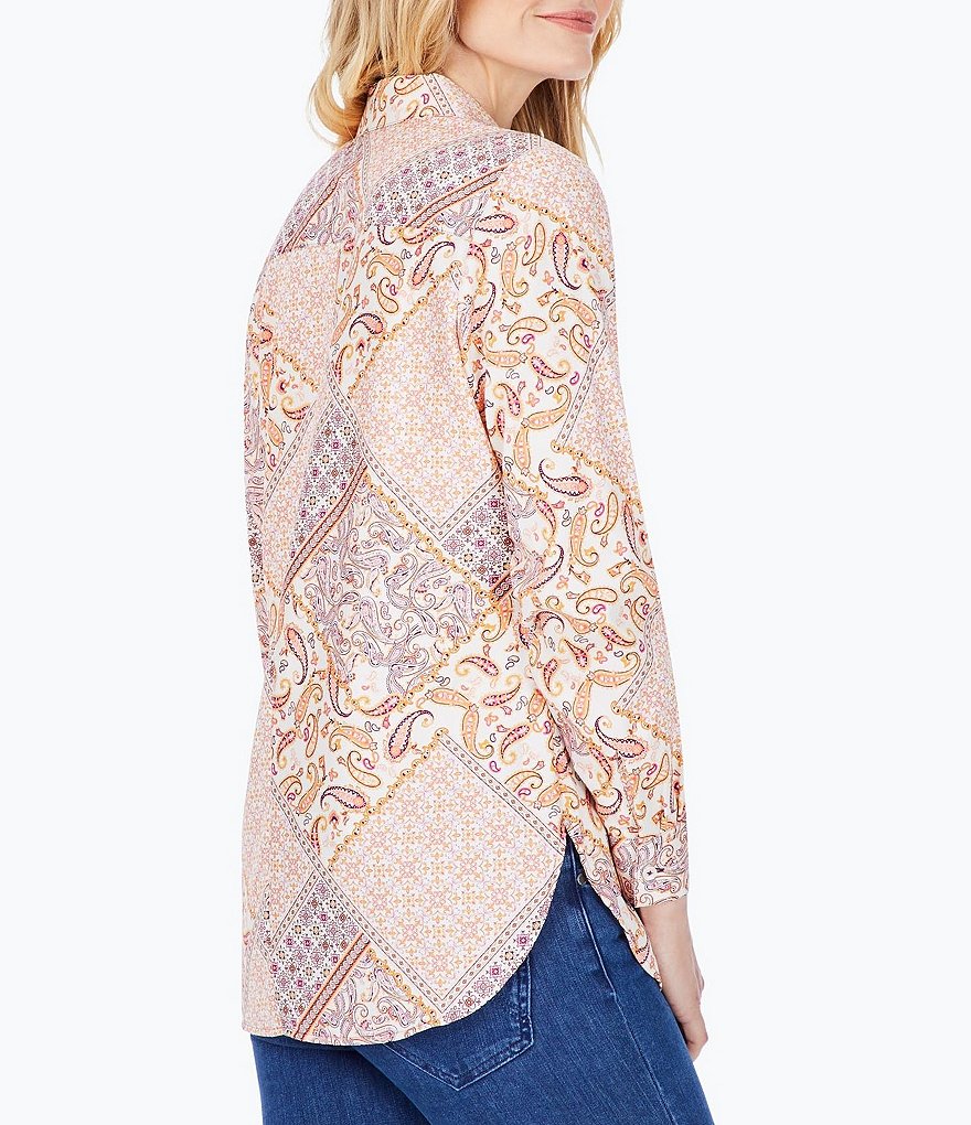 Foxcroft Maven Non-Iron Boho Scarf Print Button Front Point Collar Long Sleeve Shirt