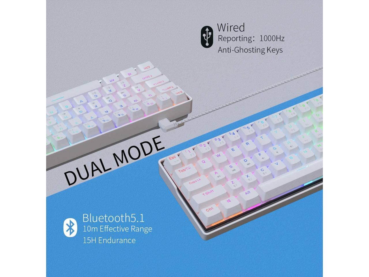 KEMOVE Snowfox Bluetooth 5.1 Wireless/Wired 60% Mechanical Keyboard - RGB Backlit 61 Keys Keyboard - Hot Swappable, PBT Keycap, Full Keys Programmable - White (Gateron Mechanical Switch)