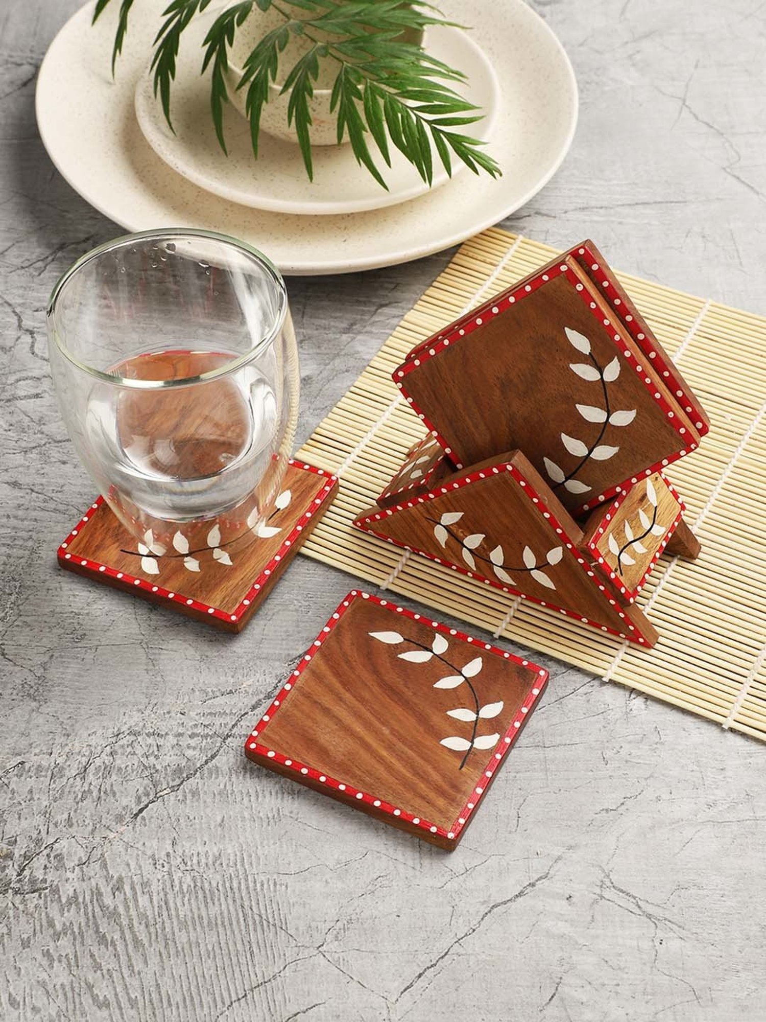 Karo Tapi Printed Multicolor Wood Coasters - Set of 6